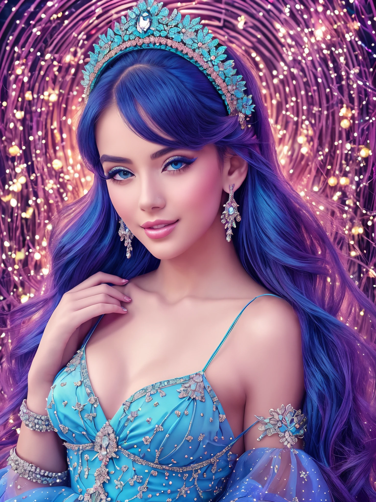 . "In a world filled with colors, she effortlessly stands out like a radiant star. 💫💙 Adorned in a captivating blue dress and a delightful pink headpiece, this beautiful girl is a true embodiment of grace and charm. ❤️"Capturing the essence of pure beauty, this enchanting woman in a breathtaking blue dress and a whimsical pink headpiece is a sight to behold. 💙✨ Mesmerized by her elegance, I can't help but admire the allure of this beautiful girl. ❤️🤩 ureBeauty BlueDreams PinkWhimsy --auto --s2