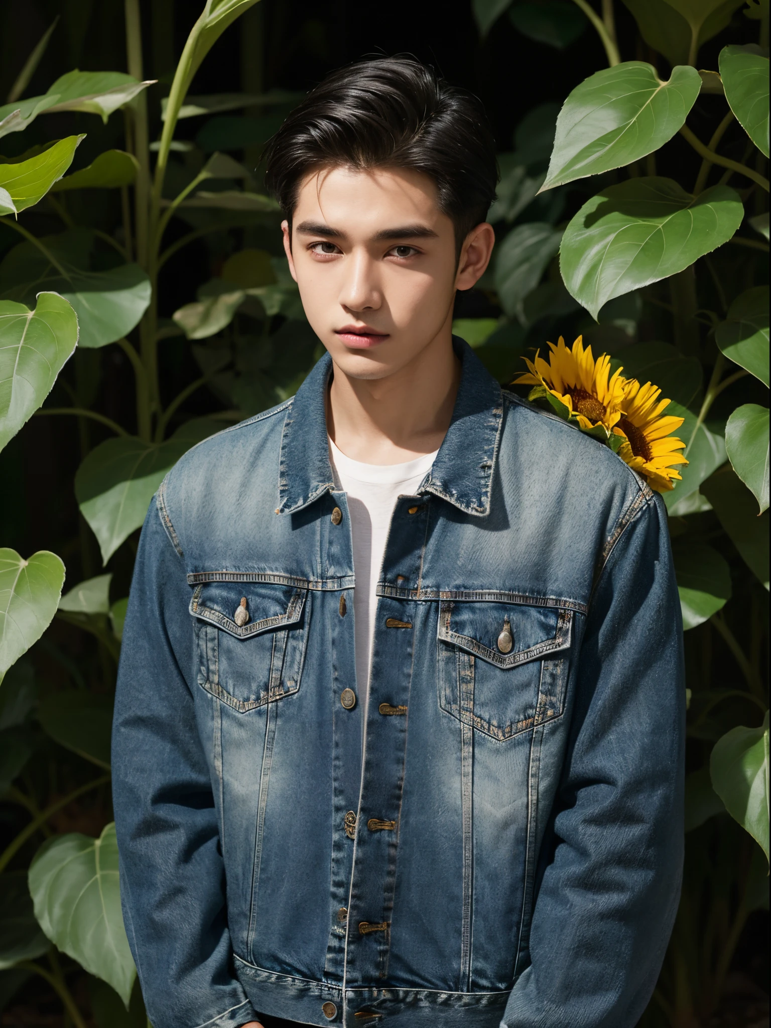 male, 20 year old boy, black eyes, slick back, denim jacket, half body photo, head facing the camera, jungle, sunflower