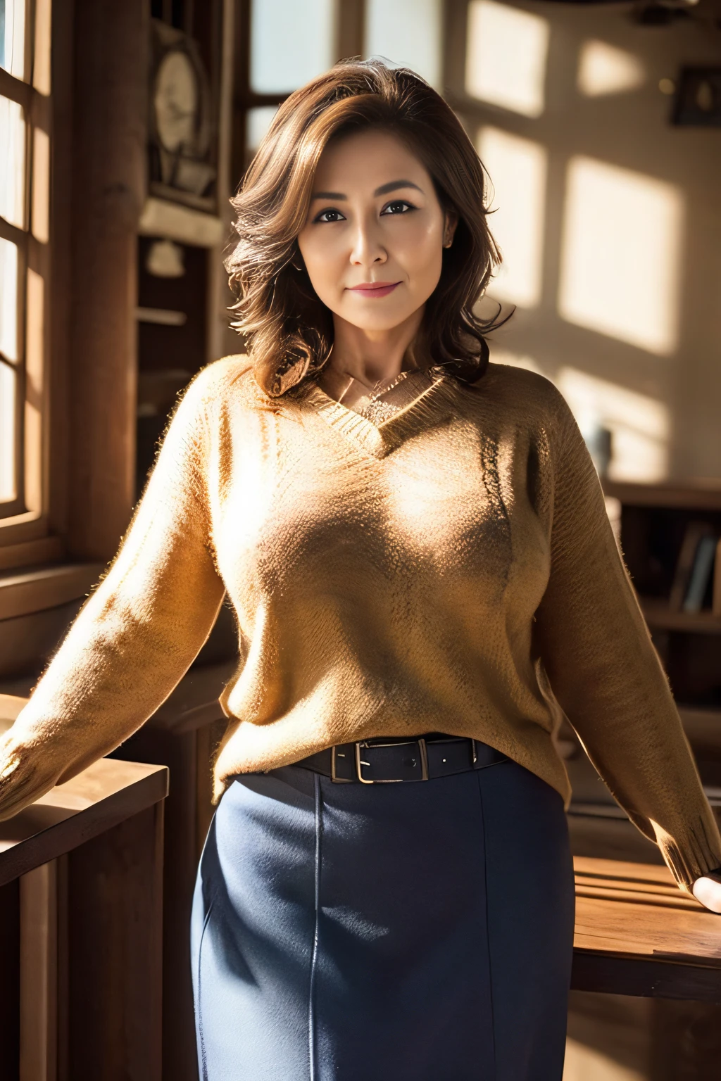 top-quality, masterpiece, hight resolution, Photorealsitic, profetional lighting, ighly detailed, depth of fields, ((beautiful mature lady)), ((70yo)), Female sexy, Classroom, ((Sweaters, skirt by the)), Detailed face, beautidful eyes, bangss, large breasts of good shape, Light Brown Straight Hair, Faint lips, ((Stand forward、gazing at viewer, Serious face)), cowboy shot, sharp,