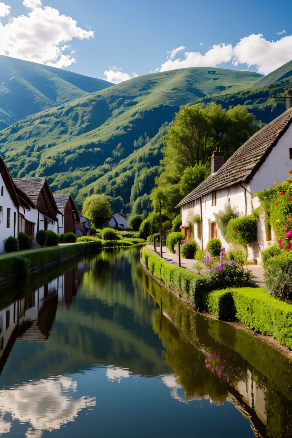 Highly detailed village landscape reflection