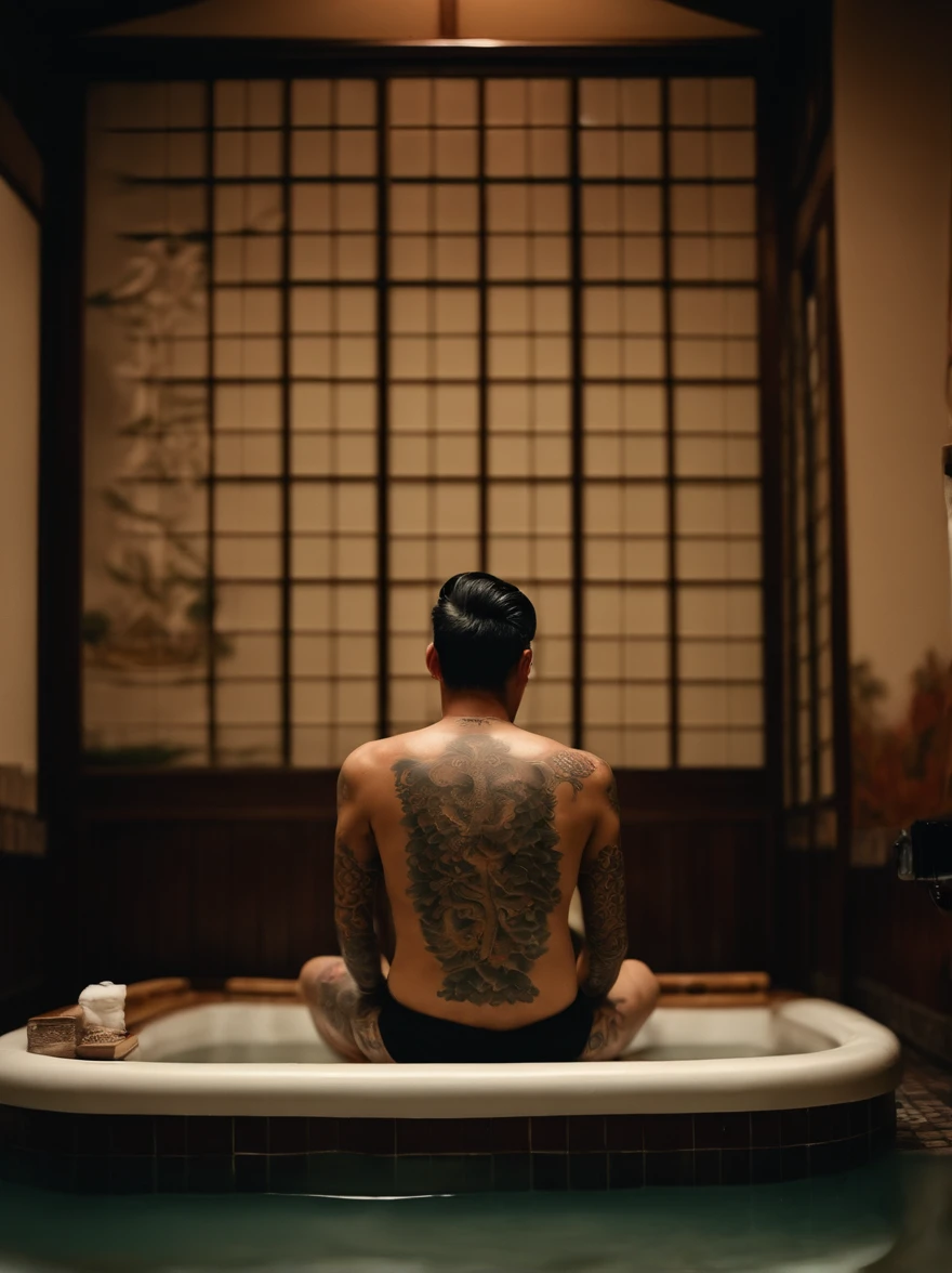create an image of a japanese mafia, brutal, fierce, intimidating, (irezumi tattoos: 1.3), in the public bath, ryokan, man sitting in the bathtub, big wooden bathtub, bald head, (full body), (back to camera: 1.5). fog, mist. 70's movie style, vintage color film, (wide angle: 1.4)
