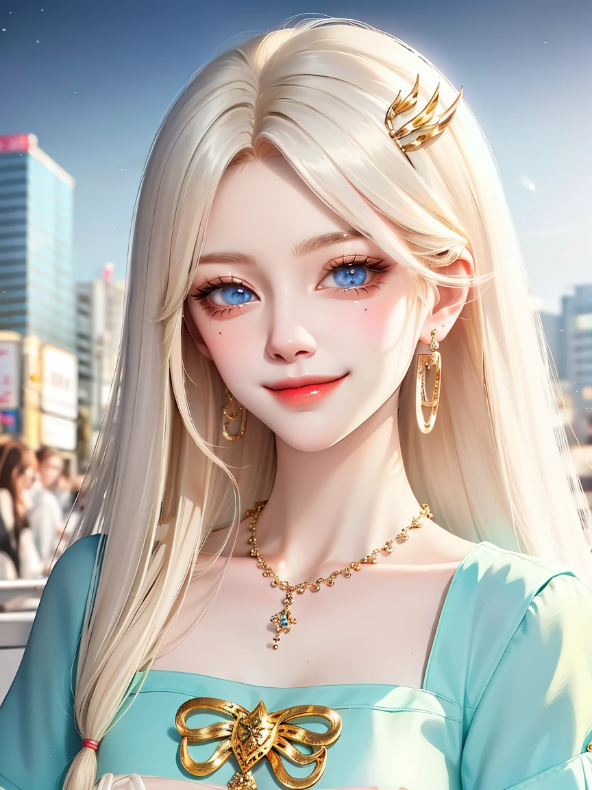 absurderes, (masuter piece:1.3)ultra-detailliert,bright colour, extremely beautiful detailed anime face and eyes, (独奏:1.6), Smooth straight blonde hair, Shiny hair, Delicate beautiful face, red blush,(Deep Blue Eyes:1.3 ) White skin, hair clips, earrings, a necklace,(Agnes B-Shirt:1.3),(Barbary skirt:1.3) (nightcity:1.3),Bustling street、(Nitanita Smile:1.5)、Upper body