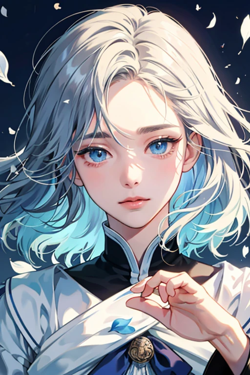 Beautiful fingers、Anime Quality、gaze in front、Open the petals in front of your hands、Blue World、up of face、beautiful neutral expression、Male Solo、tears、Petals overflowing from both hands、Blue eyes that shine like jewels、long eyeslashes、blue flowing hair、Short cut and pretty face, Best Quality,ultra high natural light, Shiny skin,Detailed skin,Detailed face,Detailed eyes, Beautiful boys、