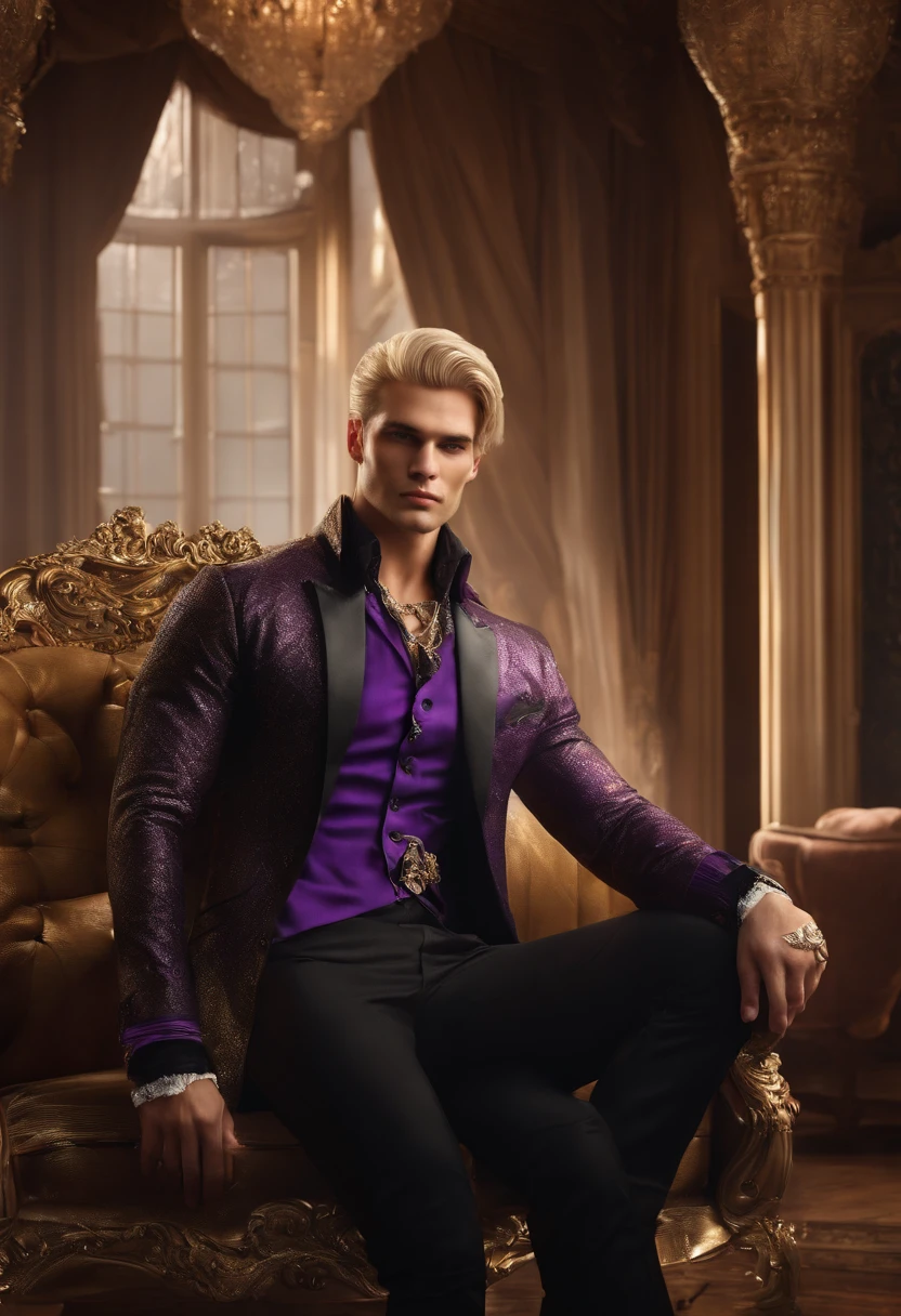 Aemond is seen sitting alone in a luxurious mansion, surrounded by extravagant furniture and opulent decorations.,original,He is tall and fit. He has muscles but is thin. He is in his late twenties. He has long blonde hair and a violet eye. His other eye is prosthetic. He often wears black casual clothes. He is a man., male