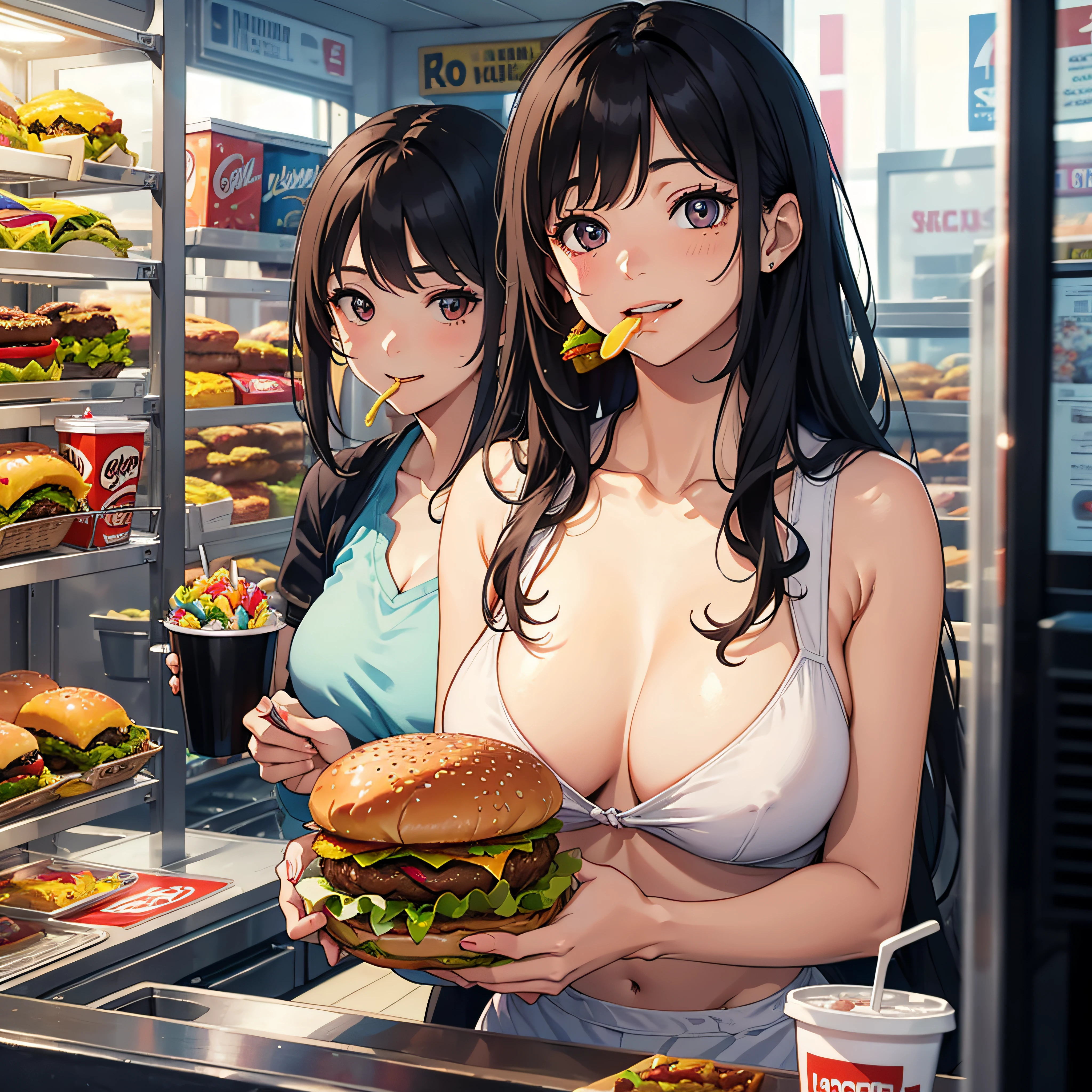 1 beauty，17-year-old high school girl, tiny chest ,Watery Big Eyes，Sit facing the camera, (Her mouth is puffed up full of hamburgers), long eyelasher，falda corta，Blushlush，Black Perm Hair, in fast food shop, (with big smiles on their faces, He put a hamburger in his mouth.,), Putty drips in the cleavage, Food residues spilled on the chest