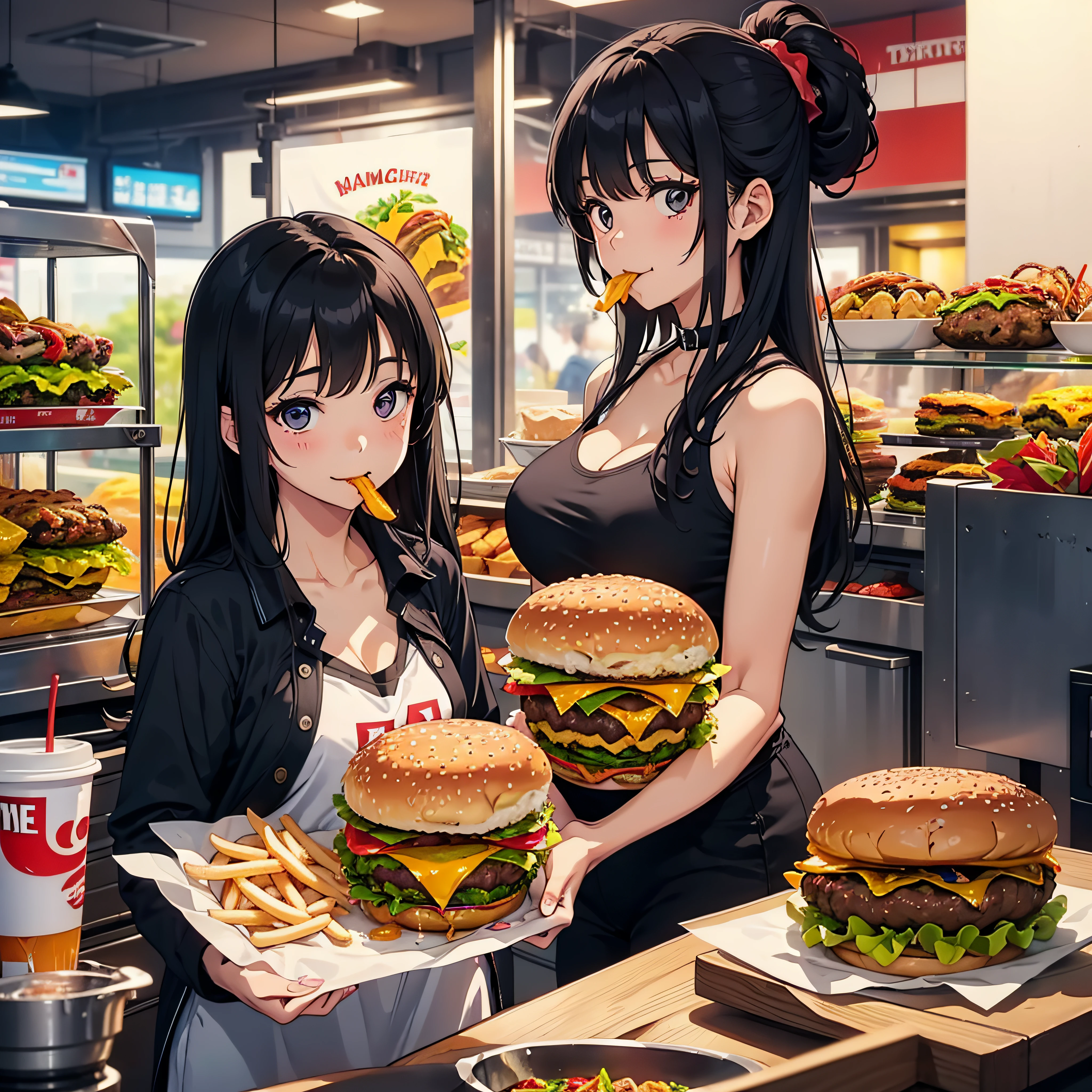 1 beauty，17-year-old high school girl, tiny chest ,Watery Big Eyes，Sit facing the camera, (Her mouth is puffed up full of hamburgers), long eyelasher，falda corta，Blushlush，Black Perm Hair, in fast food shop, (with big smiles on their faces, He put a hamburger in his mouth.,), Putty drips in the cleavage, Food residues spilled on the chest