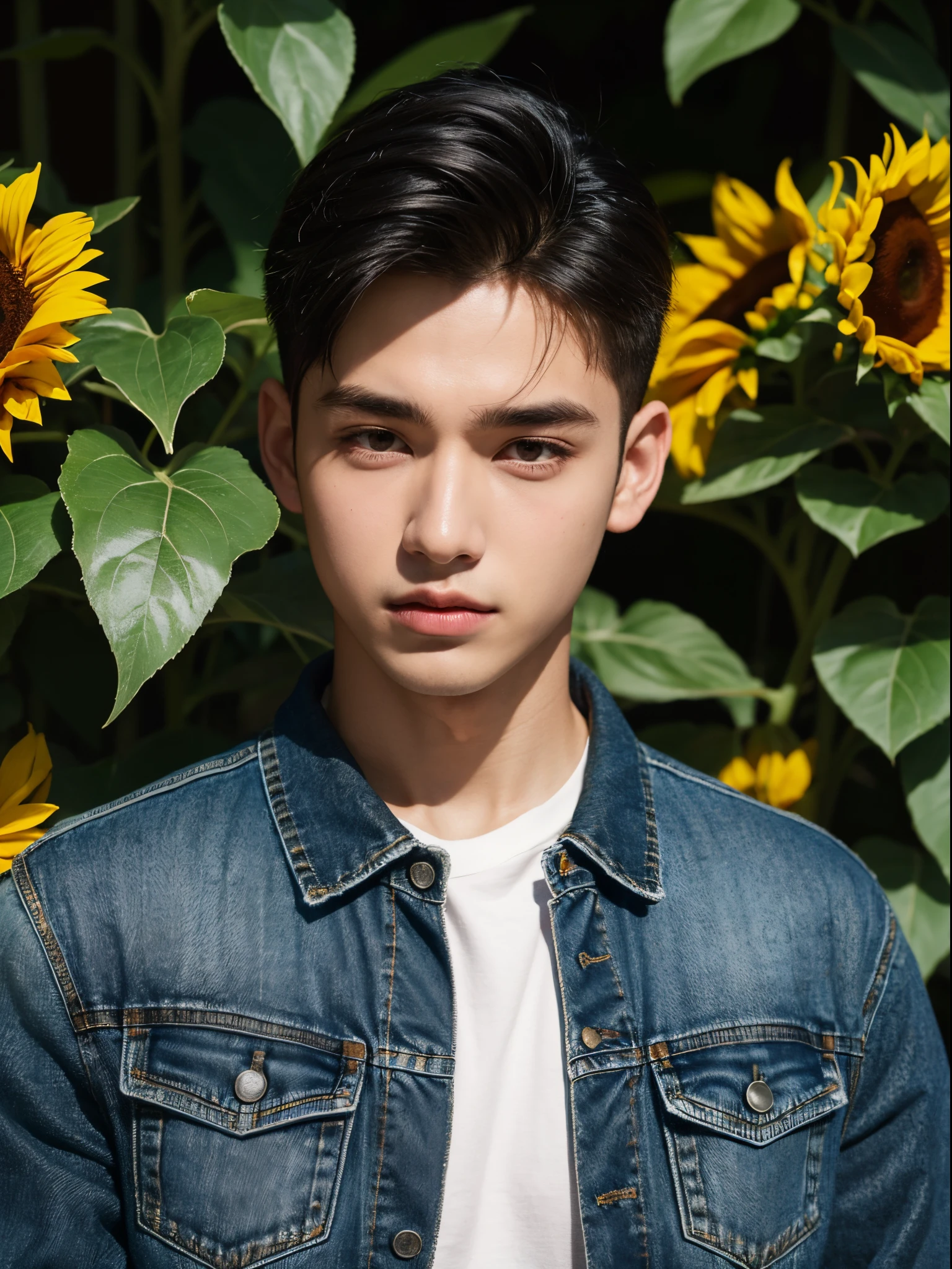 male, 20 year old boy, black eyes, slick back, denim jacket, half body photo, head facing the camera, jungle, sunflower