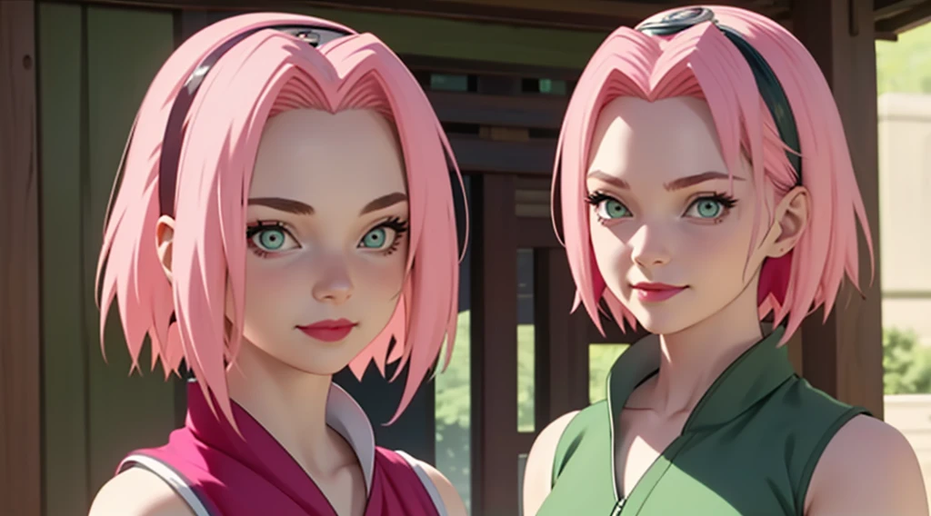young woman, porcelain skin, short bubblegum pink hair, big red lips, big green eyes, pink eyebrows, smile, looking at camera, green vest, Sakura Haruno, 3d, realism, 8k,
