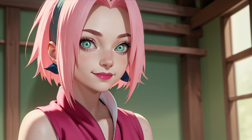 young woman, porcelain skin, short bubblegum pink hair, big red lips, big green eyes, pink eyebrows, smile, looking at camera, green vest, Sakura Haruno, 3d, realism, 8k,