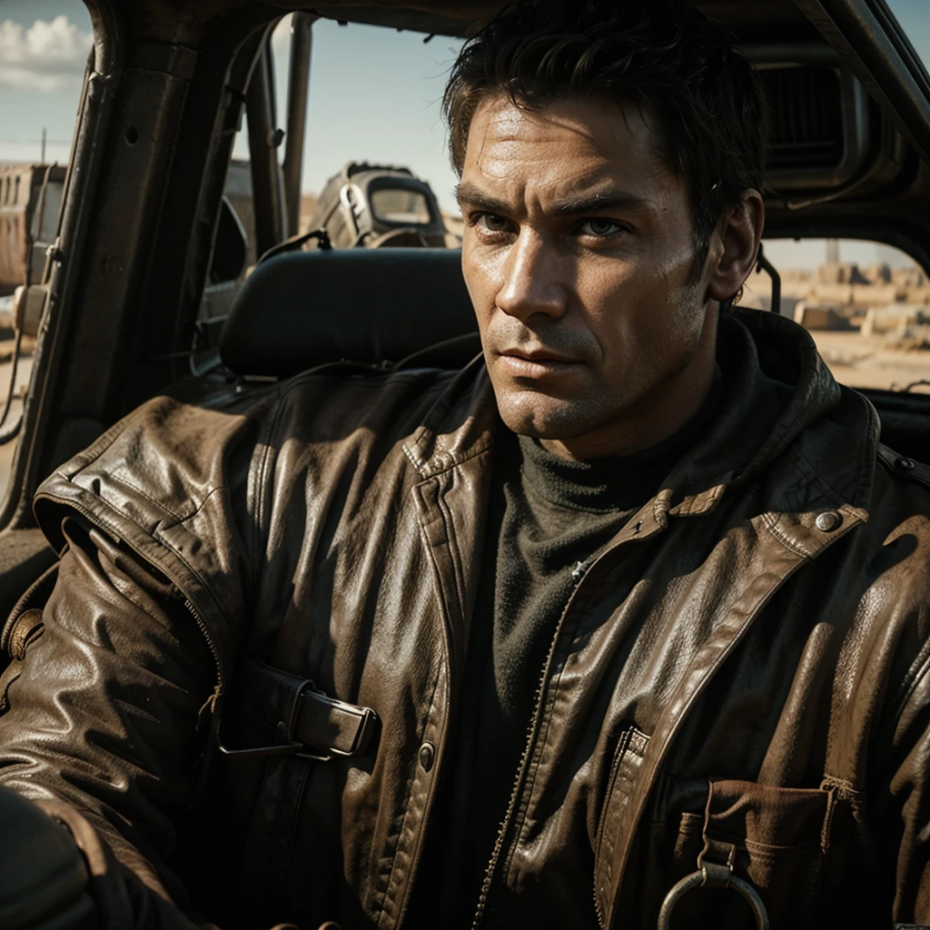 Create a man in the post-apocalyptic MAD MAX universe.