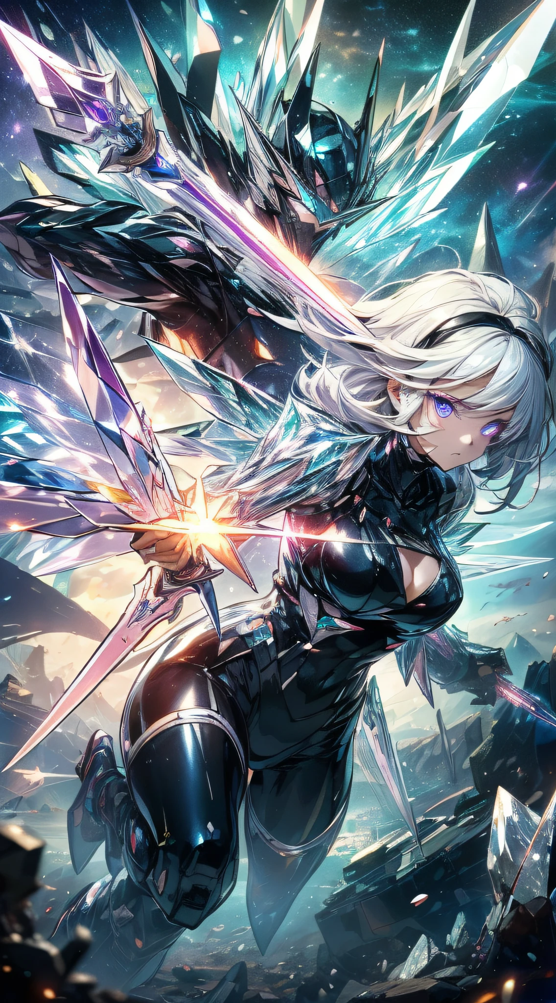 top-quality、Top image quality、masterpiece、girl with((Black Suit、glowing mechanic suit、18year old、r、cute little、Best Bust、big bast,Beautiful shining purple eyes、Breasts wide open, white hair、Longhaire、A slender,Large valleys、belligerent movements,sharp claws、Crystal Sword、Crystal visor on the right eye、Bright wings、fighting poses、charge forward、splatters、Feeling of sprinting)),hiquality、Beautiful Art、Background with((Space Battlefield)))、,masutepiece、depth of fields,Cinematic style
