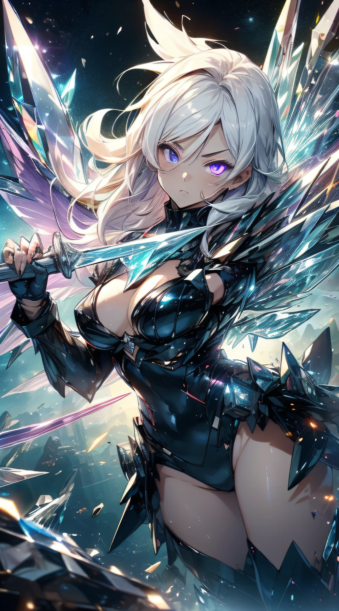 top-quality、Top image quality、masterpiece、girl with((Black Suit、glowing mechanic suit、18year old、r、cute little、Best Bust、big bast,Beautiful shining purple eyes、Breasts wide open, white hair、Longhaire、A slender,Large valleys、belligerent movements,sharp claws、Crystal Sword、Crystal visor on the right eye、Bright wings、fighting poses、charge forward、splatters、Feeling of sprinting)),hiquality、Beautiful Art、Background with((Space Battlefield)))、,masutepiece、depth of fields,Cinematic style