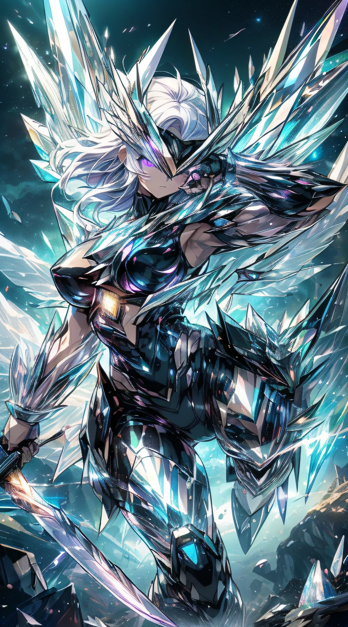 top-quality、Top image quality、masterpiece、girl with((Black Suit、glowing mechanic suit、18year old、teen ager、cute little、Best Bust、big bast,Beautiful shining purple eyes、Breasts wide open, white hair、Longhaire、A slender,Large valleys、belligerent movements,sharp claws、Crystal Sword、Crystal visor on the right eye、Bright wings、fighting poses、charge forward、splatters、Feeling of sprinting)),hiquality、Beautiful Art、Background with((Space Battlefield)))、,masutepiece、depth of fields,Cinematic style