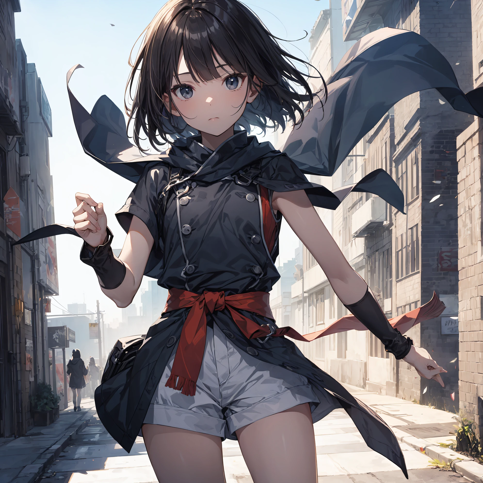 What is a ninja?、... It's cool and... quick.！Best ninja quality,  anime moe art style,Best Anime 8K Konachan Wallpapers,Badass Anime 8K,Perfect Anatomy, (Please draw a picture of a ninja girl looking down on the city from the rooftop..)From diagonally above,overhead angle,BREAK, 1 The girl is a ninja, (Solo,Lori,child,13years:1.3), Androgynous attraction, (Very short hair, Blunt bangs), Full limbs, complete fingers,flat chest, Small butt, groin, Finely detailed 8K beautiful black eyes, 
Light clothing, Ninja costume, Shorts, Ninja scarf fluttering in the wind, standing on the roof of a skyscrapper. BREAK, i have a mission.。Sasasasa...。Ultra-detailed,High resolution,super detailed skin, Professional Lighting, Illustration,