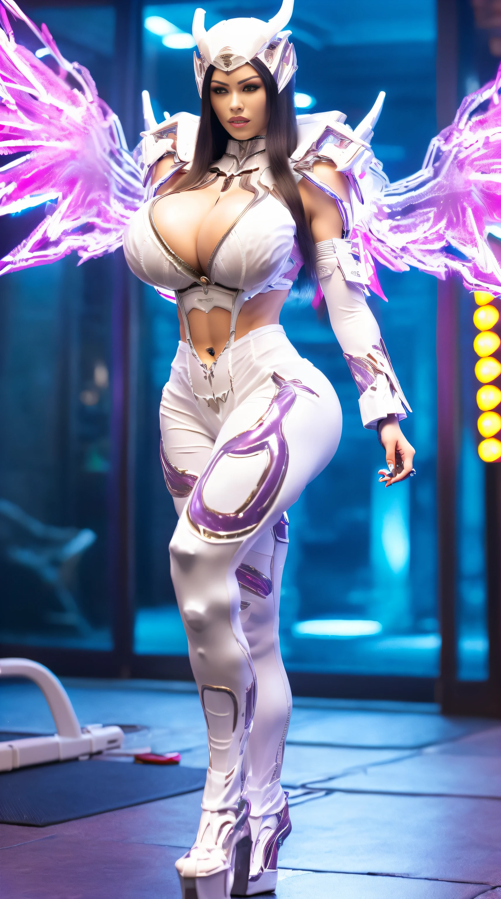 (DRAGON HEAD), HUGE FAKE BOOBS, (BEAUTIFUL FACE), (WHITE:1.2, PURPLE:0.8, MECHA ARMORED GEAR), ((A PAIR OF HUGE MECHANICAL WINGS)), FUTURISTIC DRAGON MECHA SUIT, (CLEAVAGE), (SKINTIGHT YOGA PANTS), (FULL BODY:1), (TALL LEGS:1.2), FRONT, (STANDING:1), (SLENDER BODY), (MUSCLE ABS:1.3), UHD, 8K, 1080P.