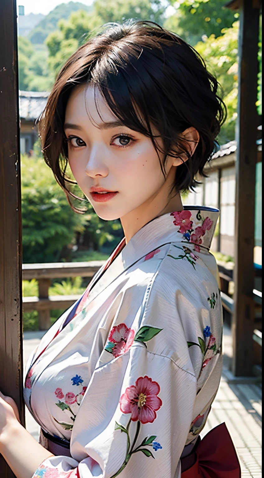 Best-quality, Masterpiece, Ultra-High-Resolution, (Photorealistic:1.4), Raw-Photo, Extremely-Details, Perfect-Anatomy, 1girl, the most popular Japanese actress, upturned ass, (wearing Japanese colorful KIMONO), looking at viewer, beautiful smile, extremely beautiful face like a most famous Japanese actress, extremely beautiful big black solid circle eyes, (extremely beautiful black short-cut-haired), extremely beautiful lips, extremely beautiful white skins, extremely beautiful big breasts, detailed Japanese colorful KIMONO