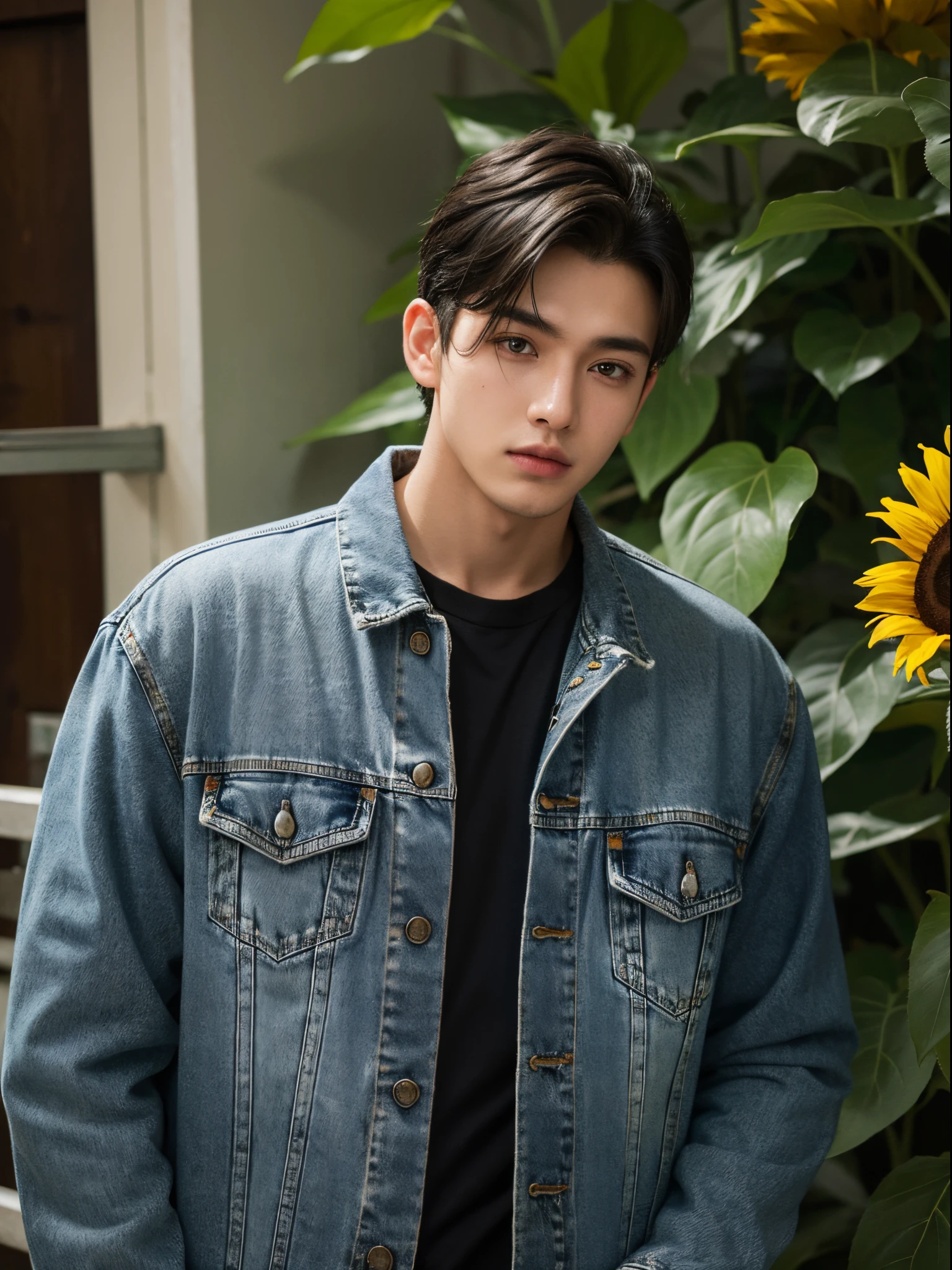 male, 20 year old boy, black eyes, slick back, denim jacket, half body photo, head facing the camera, jungle, sunflower