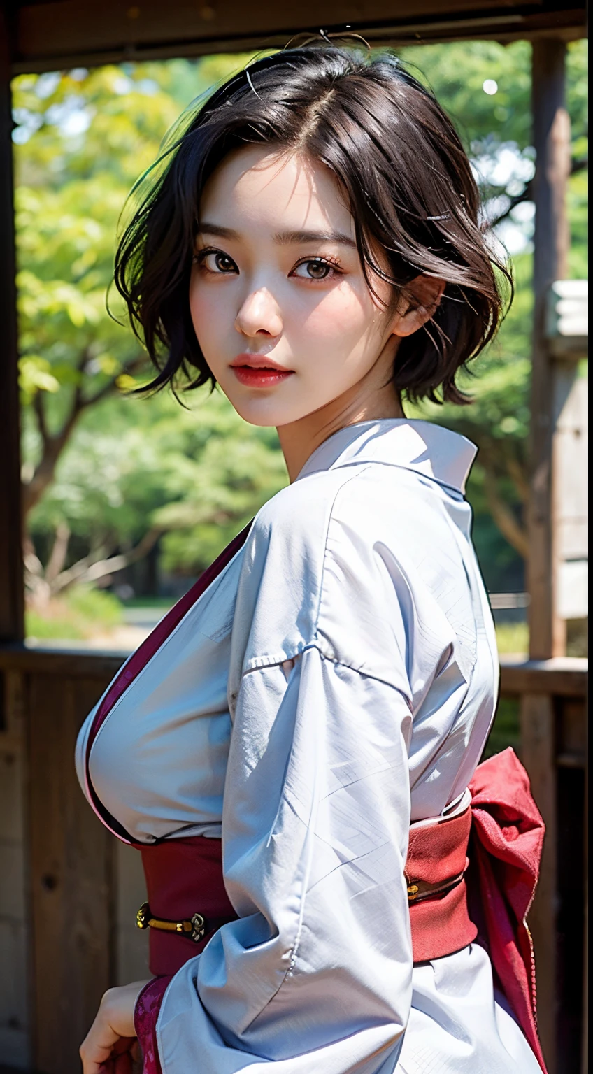Best-quality, Masterpiece, Ultra-High-Resolution, (Photorealistic:1.4), Raw-Photo, Extremely-Details, Perfect-Anatomy, 1girl, the most popular Japanese actress, upturned ass, (wearing Japanese colorful KIMONO), looking at viewer, beautiful smile, extremely beautiful face like a most famous Japanese actress, extremely beautiful big black solid circle eyes, (extremely beautiful black short-cut-haired), extremely beautiful lips, extremely beautiful white skins, extremely beautiful big breasts, detailed Japanese colorful KIMONO