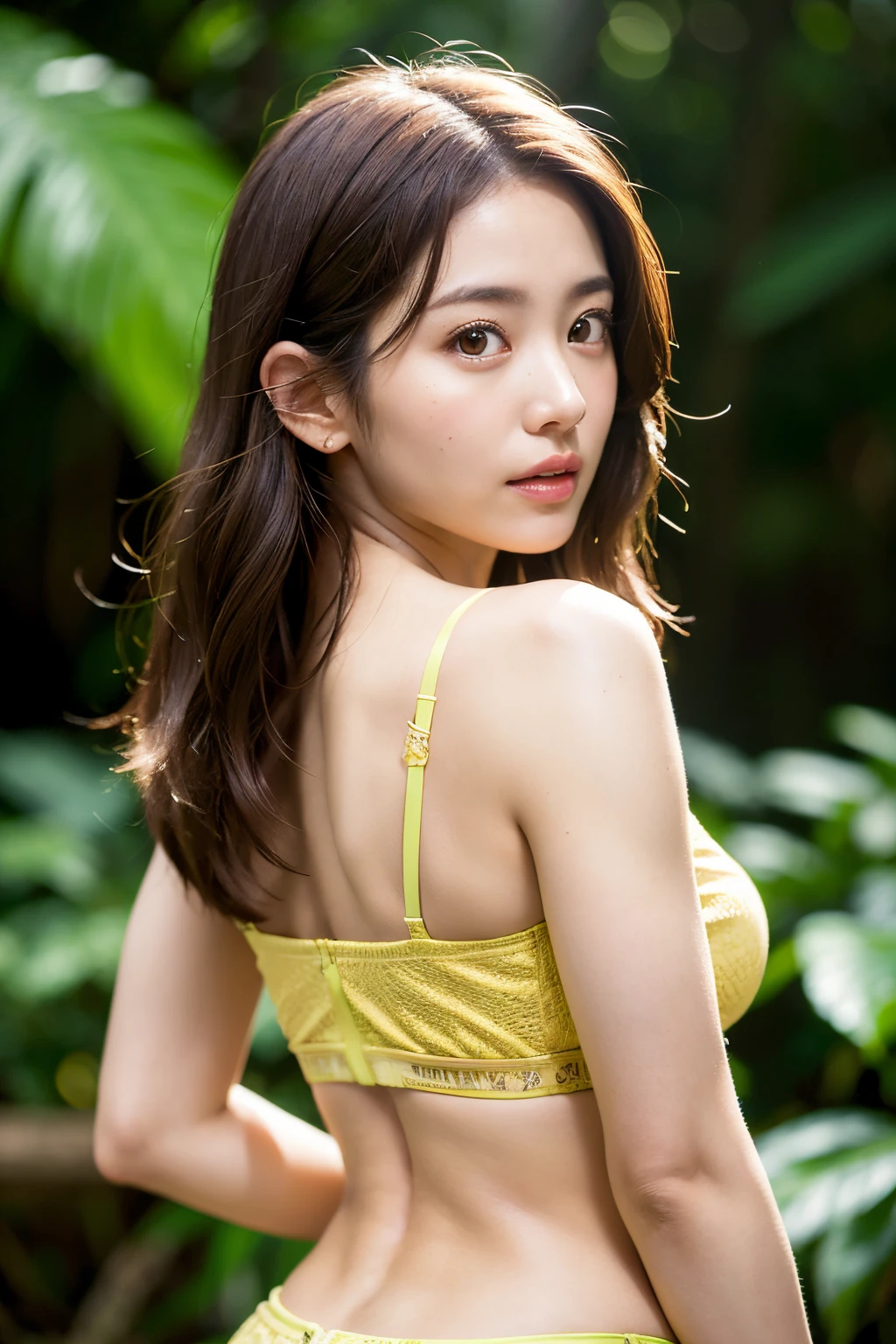 (tropical rainforest: 1), Light brown eyes, One Woman, Light clothing, (Photorealistic), (Complex Detail: 1.2), (masutepiece, :1.3), (of the highest quality: 1.4), (超A high resolution: 1.2), (Detailed eyes ), (detailed facial features), Strong sunshine, Looking back,Feminine pose, The upper part of the body, (Tight waistline)