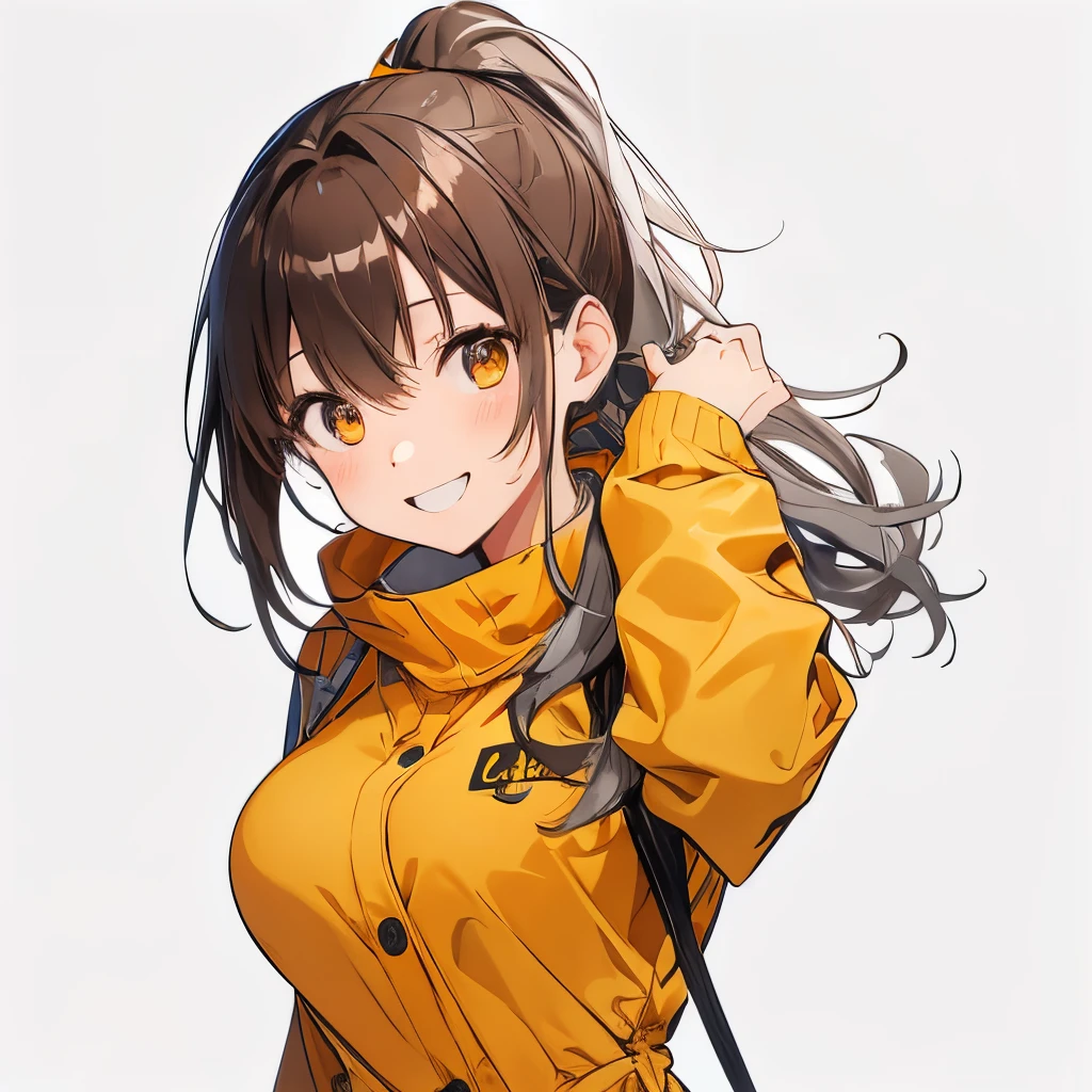 【Highest Quality, masutepiece】 [girl, Manteau, expressioness,deep orange eyes, front facing,dark brown hair,long ponytail hair,yellow knit cloth, Happy, Upper body] (Gray white background:1.2),very happy smile,boobs,