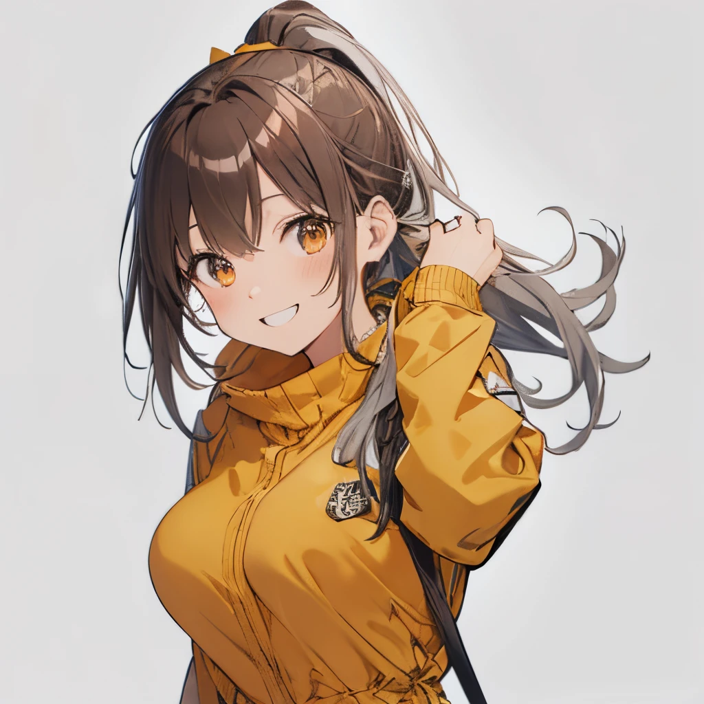 【Highest Quality, masutepiece】 [girl, Manteau, expressioness,deep orange eyes, front facing,dark brown hair,long ponytail hair,yellow knit cloth, Happy, Upper body] (Gray white background:1.2),very happy smile,boobs,