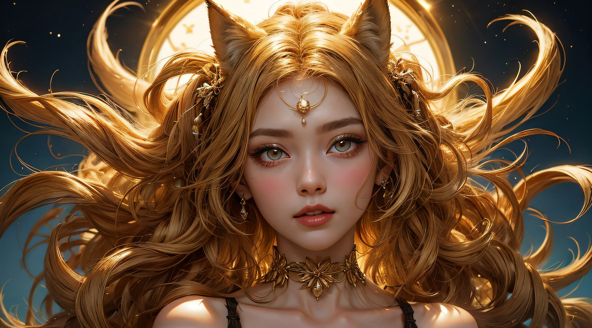 Golden Nine-Tail-Fox-Girl, (bright golden hair), ((big hair)), double eyelid, perfect figure, lovely face, perfect skin, golden eyes, Princess of Spirits, The Golden Age, (Lingerie made from Gold and Gems)
