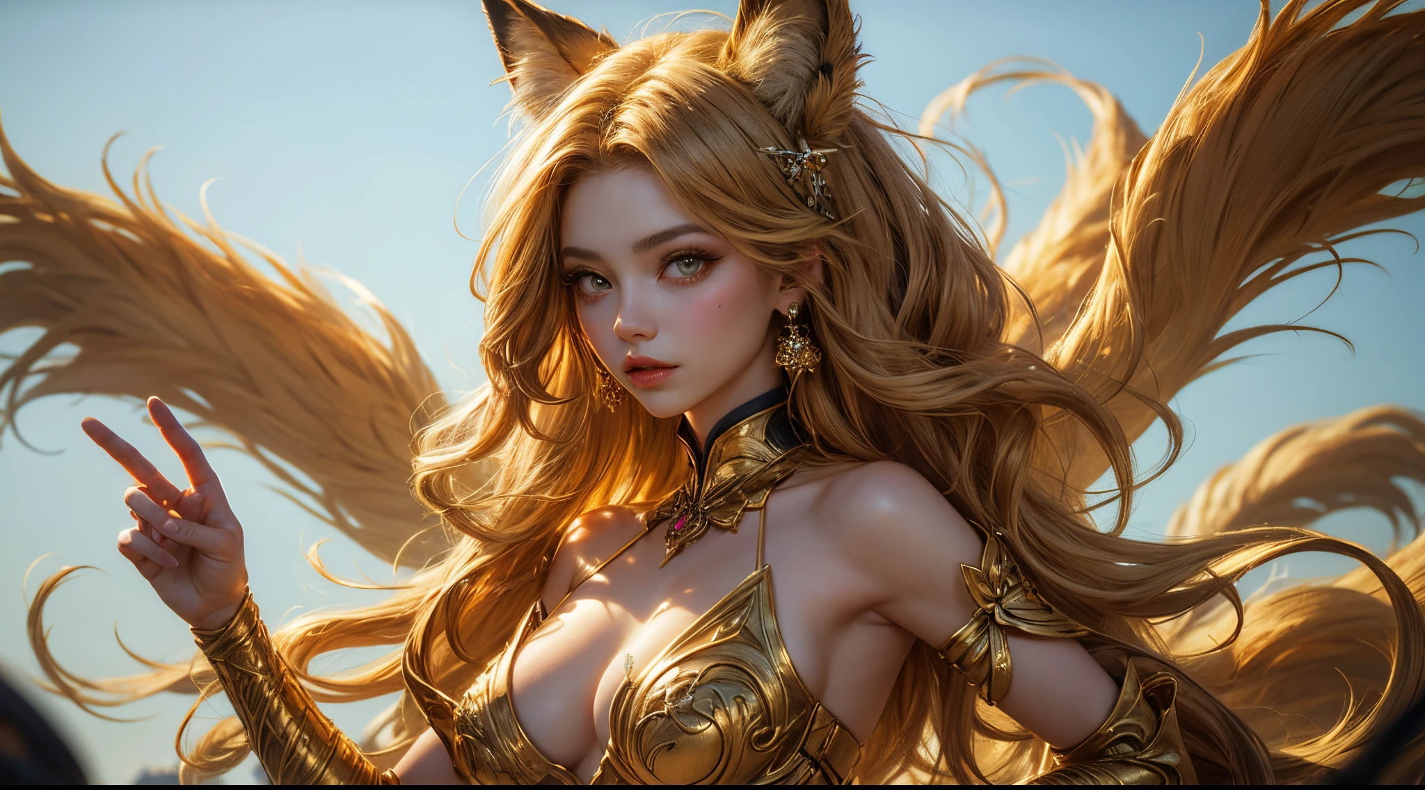 Golden Nine-Tail-Fox-Girl, (bright golden hair), ((big hair)), double eyelid, perfect figure, lovely face, perfect skin, golden eyes, Princess of Spirits, The Golden Age, (Sexy Clothing)