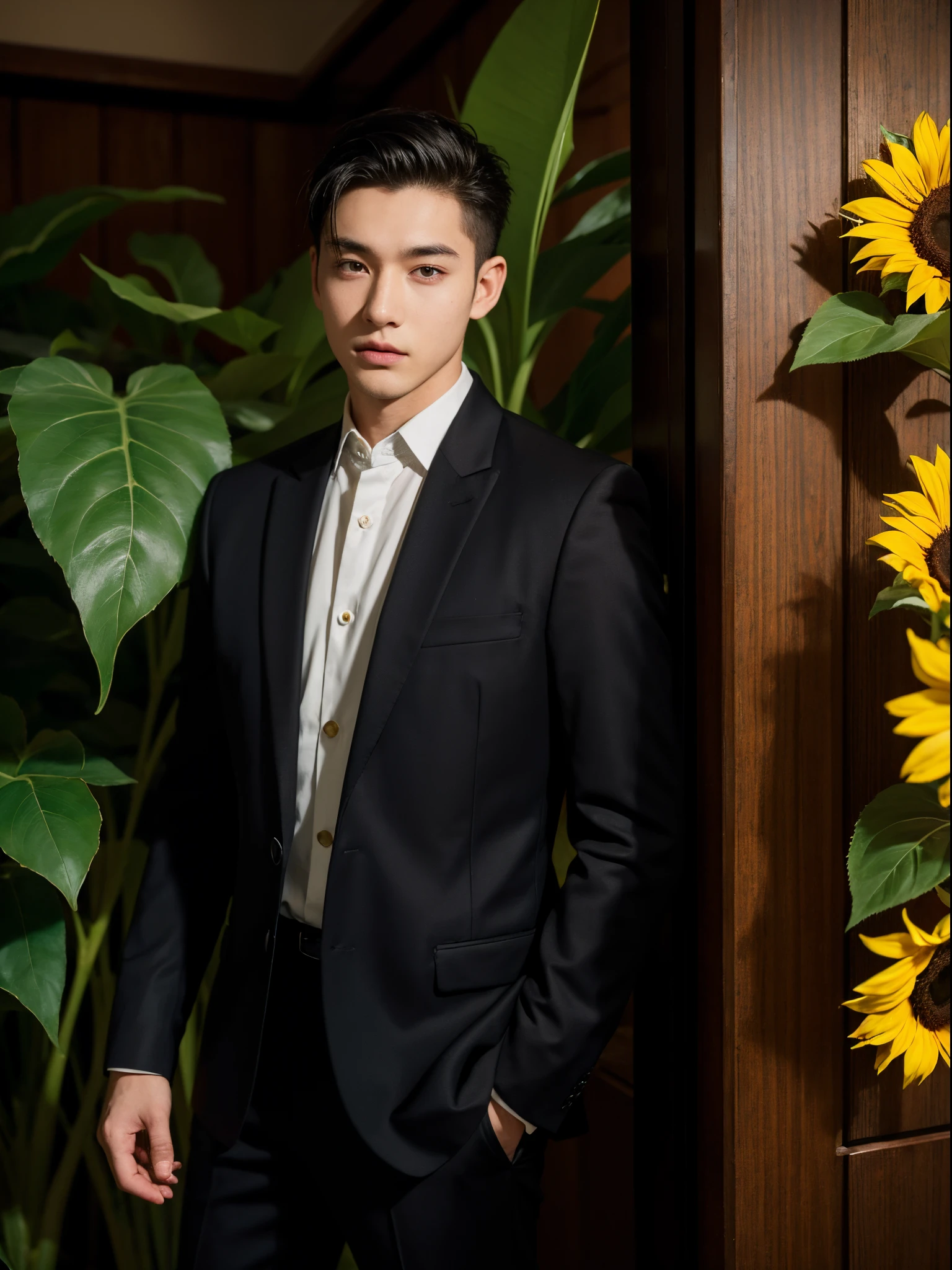male, 20 year old boy, black eyes, slick back, suit, half body photo, head facing the camera, room, jungle, sunflower