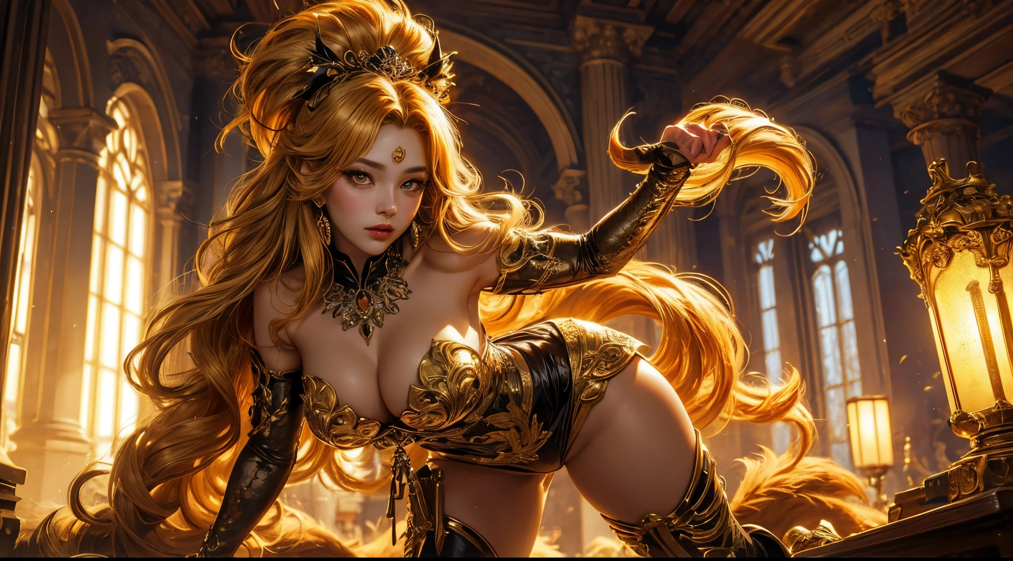 Golden Nine-Tail-Fox-Girl, (bright golden hair), ((big hair)), double eyelid, perfect figure, lovely face, perfect skin, golden eyes, Princess of Spirits, The Golden Age, (Sexy Clothing)