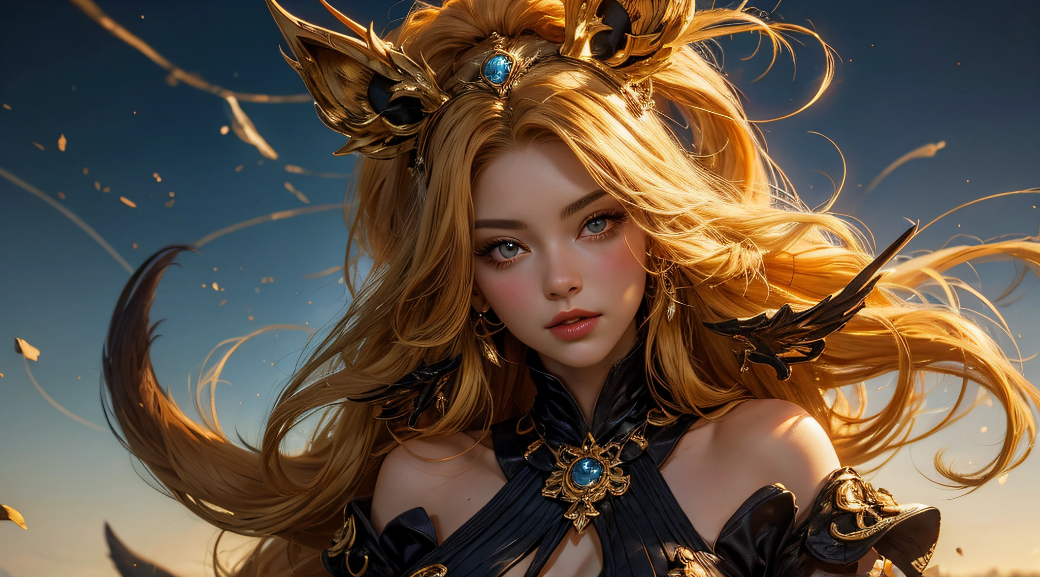Golden Nine-Tail-Fox-Girl, (bright golden hair), ((big hair)), double eyelid, perfect figure, lovely face, perfect skin, golden eyes, Princess of Spirits, The Golden Age, (Sexy Clothing)