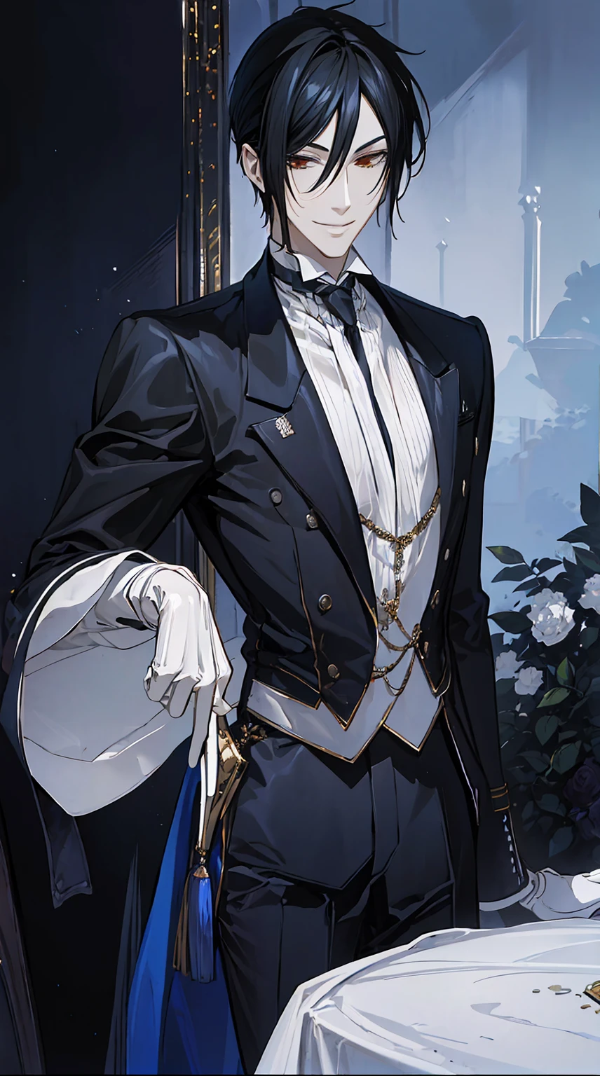 ***ung man, mysterious,smile,Best quality, 8K, detailed,butler uniform,in a luxurious mansion,noble atmosphere