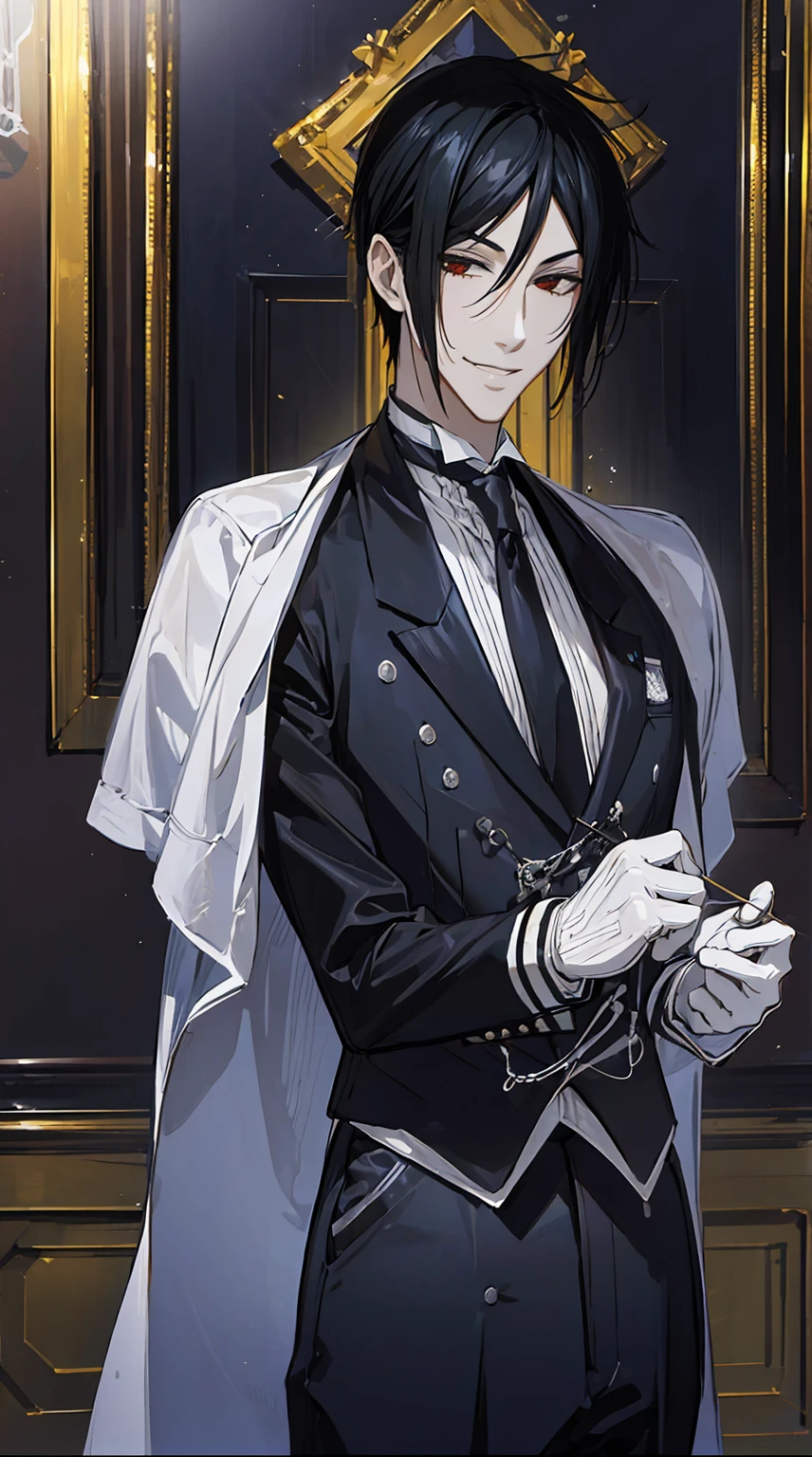 ***ung man, mysterious,smile,Best quality, 8K, detailed,butler uniform,in a luxurious mansion,noble atmosphere