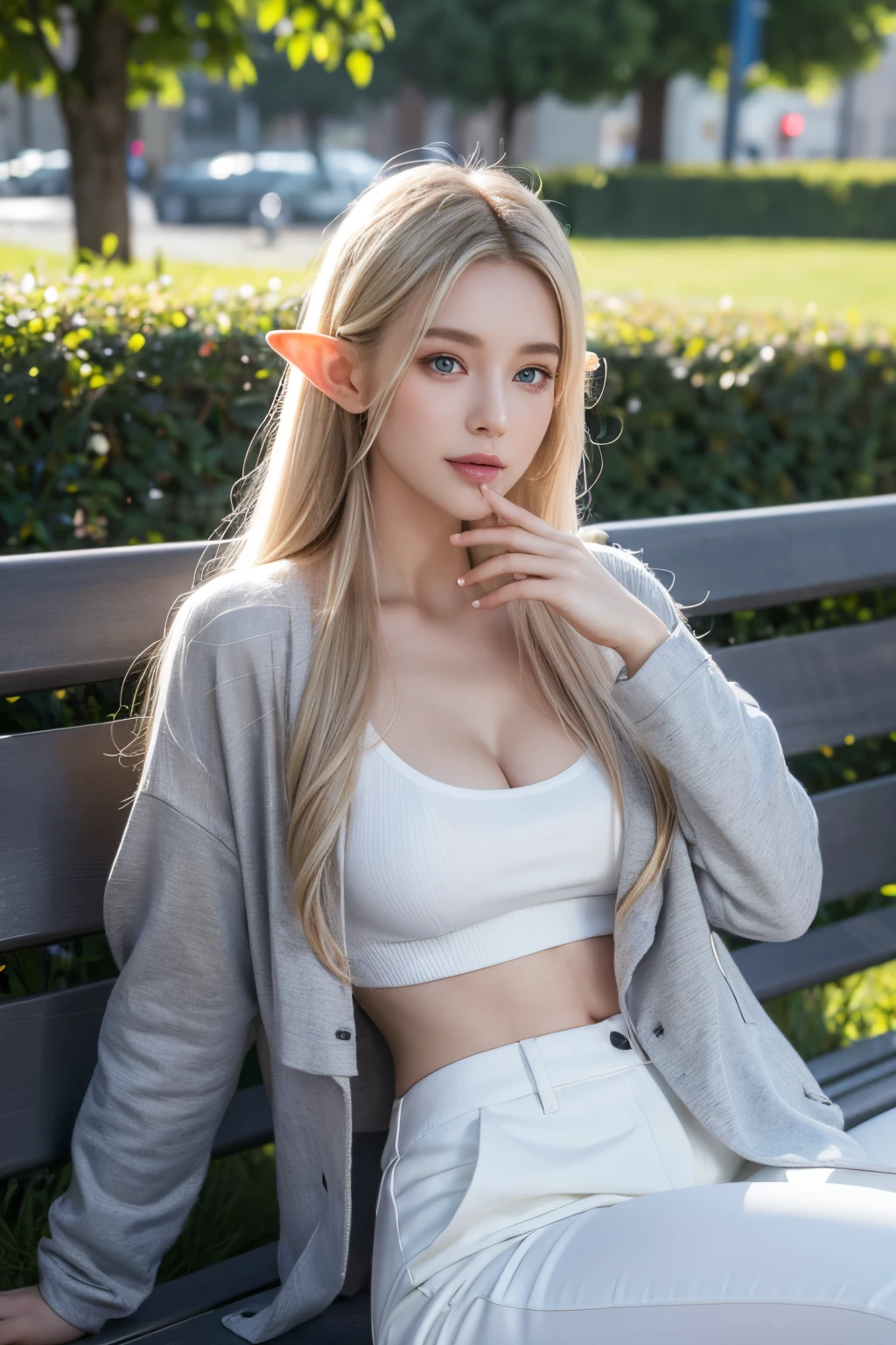 Elf beauty with elongated ears, big breasts, slender figure, slitted blue eyes, semi-long blond hair, grey jacket, white shirt, grey trousers, sitting on bright park bench, eating sandwich, resting, happy expression, only one person, full body portrait, full body photo, ultra realistic, Realistic capture, high detail, high resolution 16K human skin close-up Skin texture must be natural, pores so detailed that they can be finely identified, Mix4, 20d, SOLO, full body, look-at viewer, (8K, RAW capture, finest 1), (Real Photo 2) Real Photo Realistic: 1.37), professional lighting, photon mapping, radiosity, physics-based rendering.