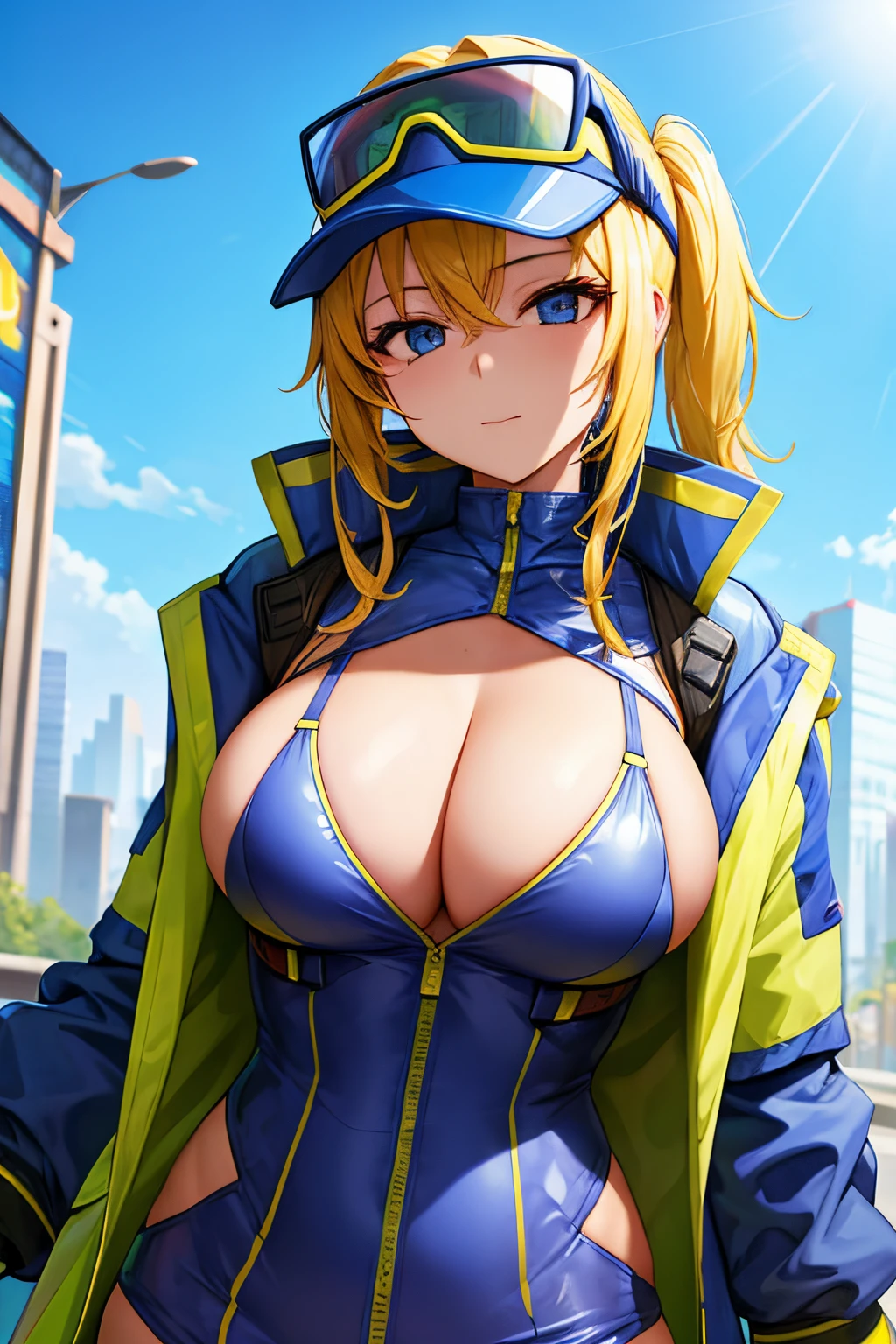 Beautiful girl, visor sunshade, cyber city, cyberpunk, blue and yellow jacket, big breasts, cleavage, sexy,