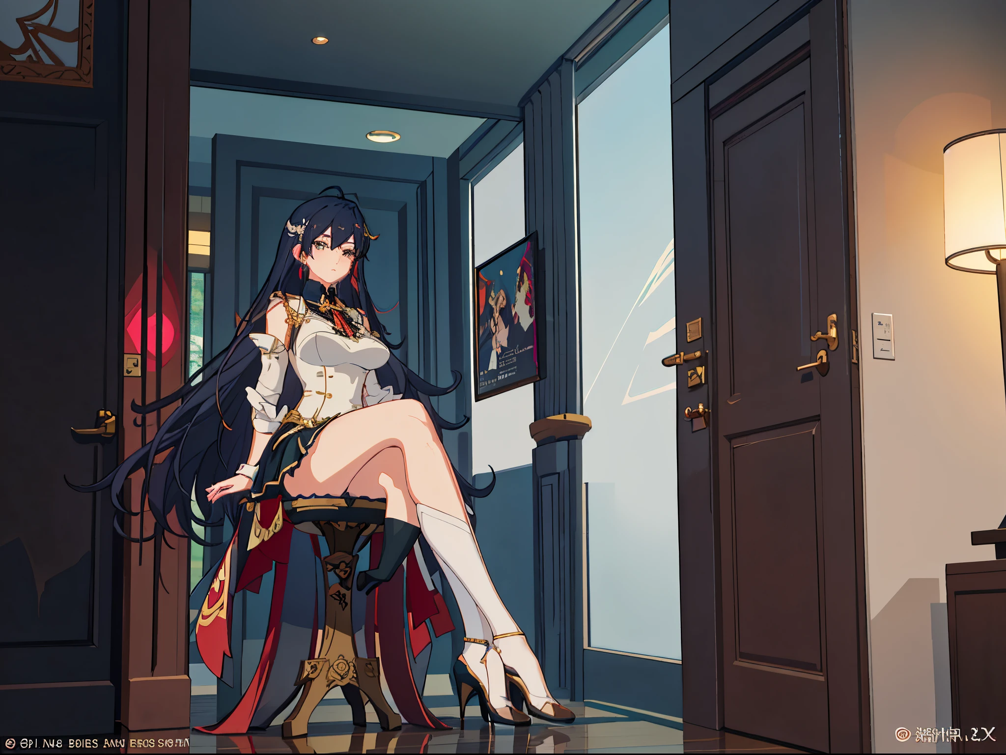 There is a woman sitting on a chair in the room, seductive anime girls, beautiful attractive anime woman, guweiz on artstation pixiv, anime goddess, guweiz on pixiv artstation, Squatting anime beauty, Popular topics on cgstation, A masterpiece by Guwitz, Anime Barbie wearing white stockings, elegant cinematic pose, 8K high quality detail art