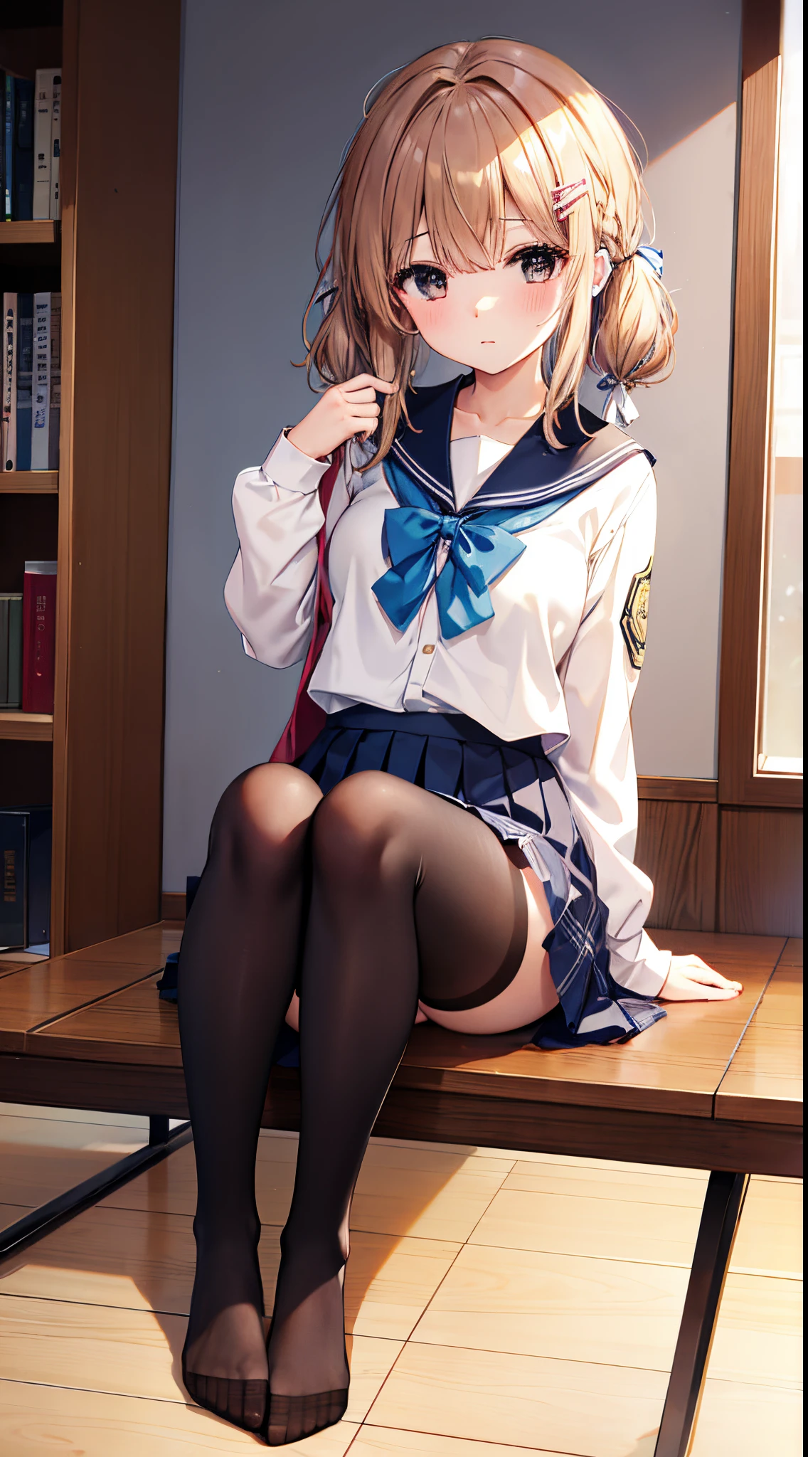 Mature Japanese high school girl、soio、slender leg、Whole body from head to toe、Sit up、M-shaped legs、small tits、(black pantyhose): 1.2)、White panties visible through stockings、very beautiful girl、I'm not wearing shoes、shy big eyes、(short brown hairy area)、(bangss)、Unkempt hair、(hair clips)、pale blush、独奏、Looking at the camera、White panties are visible、 High School Uniform Blazer、High School Uniform White Blouse、high school uniform blue ribbon、High school uniform plaid and navy pleated skirt、Misaka Mikoto、Brown hair、brown-eyed