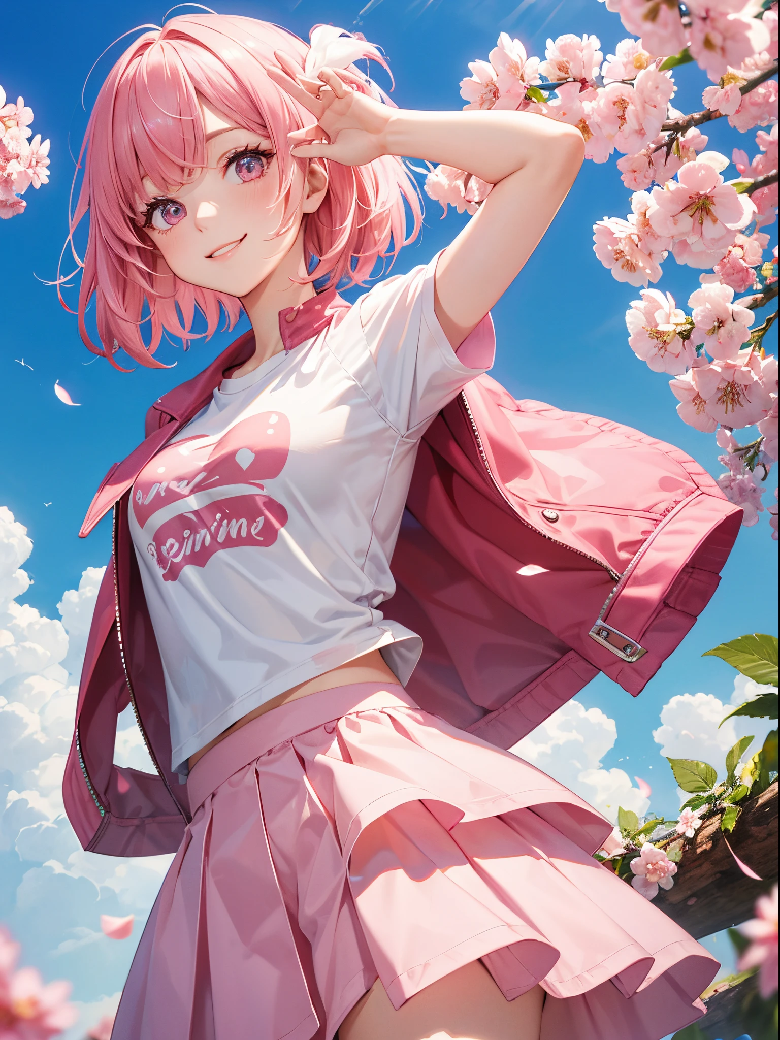master piece,best quality, Solo woman,24 year old, beautiful eyes,cute, jumping, Cherry Pink jacket,white T-shirt, Cherry Pink tight skirt, shy smile, Cherry Pink hair, short hair, ringlets,waving in a strong wind hair, Cherry Pink flower