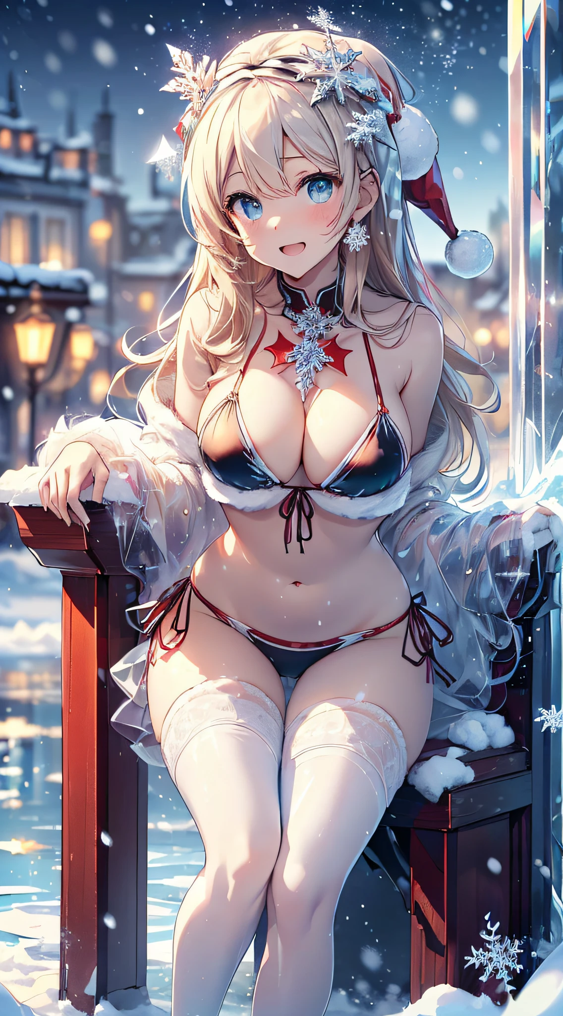 top-quality、Top image quality、masterpiece、s girl((metallic red santa costume、santa style bikini、sixteen years old、teenr、Best Bust、big bast,Beautiful light blue eyes、Breasts wide open, a blond、A slender,Large valleys、dye one's cheeks red、Leaning forward、White breath、Reflecting the whole body、Laugh、Sit up、M-shaped legs)),hiquality、Beautiful Art、Background with((crystal city at night、snowflakes falling、Heavy snow falls、snowman、ice tower model、A world where snow piles up)))、masutepiece、depth of fields,