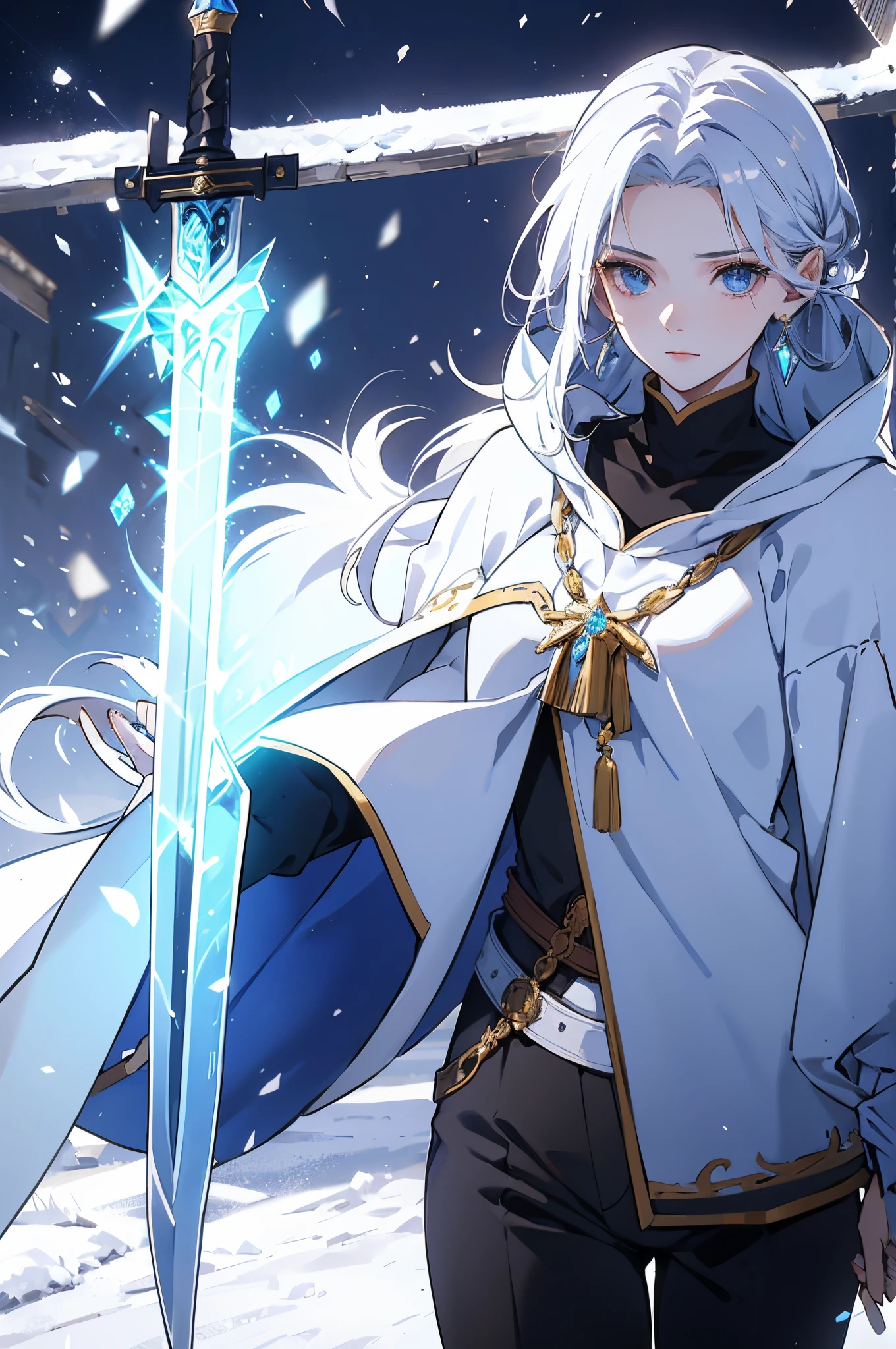 It was medieval, a woman, young, 19 years old, swordsman, long white hair, skin as white as snow, cold eyes, blue eyes like crystal, black sweater and pants, adventurer, white cape, crystal sword, earring in her ear.