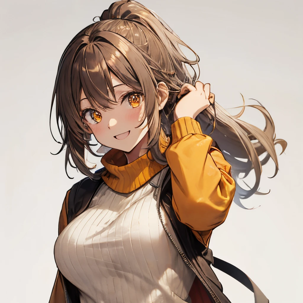 【Highest Quality, masutepiece】 [girl, Manteau, expressioness,deep orange eyes, front facing,dark brown hair,long ponytail hair,yellow knit cloth, Happy, Upper body] (Gray white background:1.2),very happy smile,boobs,