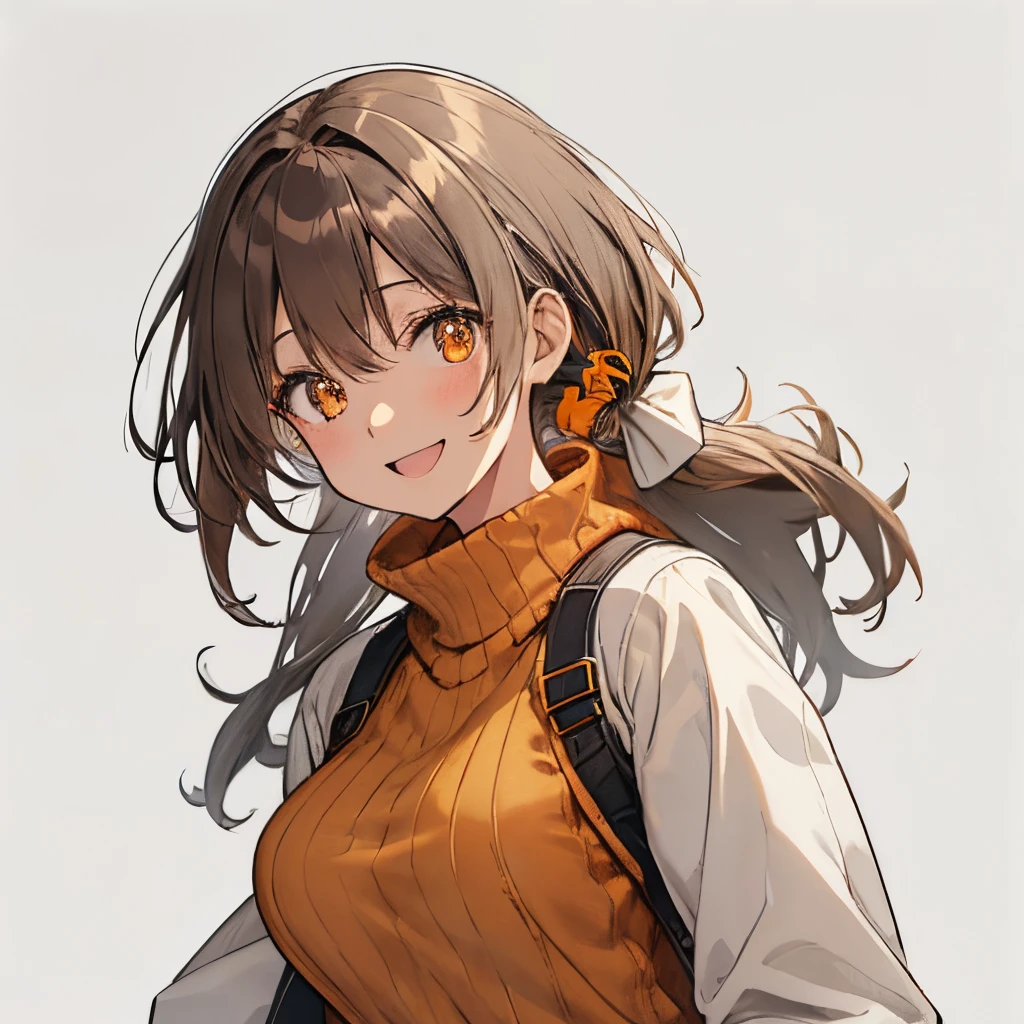 【Highest Quality, masutepiece】 [girl, Manteau, expressioness,deep orange eyes, front facing,dark brown hair,long ponytail hair,yellow knit cloth, Happy, Upper body] (Gray white background:1.2),very happy smile,boobs,