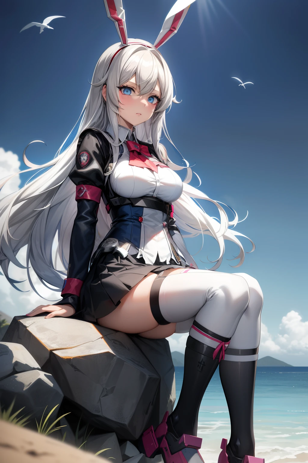 anime girl with white hair and blue eyes sitting on a rock, from girls frontline, anime maid ss military, reisen udongein inaba, kantai collection style, zerochan, girls frontline style, top rated on pixiv, gapmoe yandere, gapmoe yandere grimdark, zerochan art, shikamimi, marin kitagawa fanart