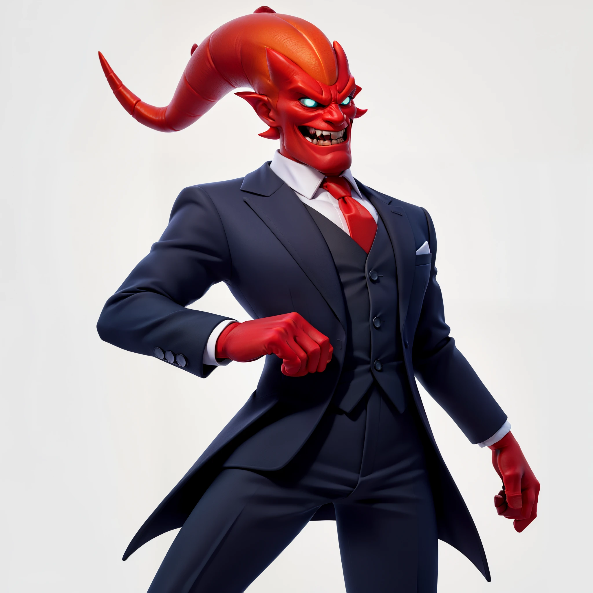 masterpiece, best quality, T pose, Nergal from The Grim Adventures of Billy & Mandy in Santa Business Suit: Visualize Nergal with fiery red skin reminiscent of venom, adorned in a Santa-color business suit. Picture him wearing a sharp, pointy-horned crown, and imagine the fiery glow around him. Capture the essence of a mischievous and devilish yet festive character.