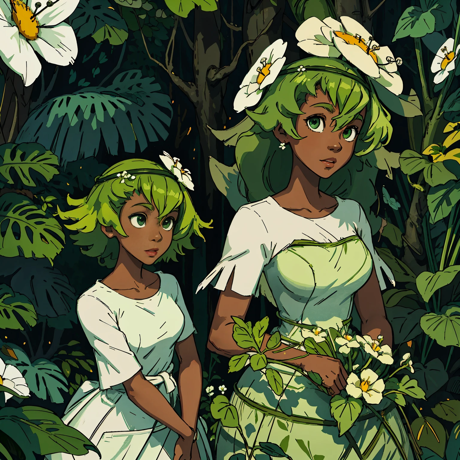 Amalia, wakfu, dofus, game, sadida, dark skin female, 1 girl, long green hair, a plant woman, white top and green shorts, a white flower in her hair, white background, (best quality,4k,8k,highres,masterpiece:1.2), ultra-detailed, (realistic,photorealistic,photo-realistic:1.37), portraits, vivid colors, studio lighting