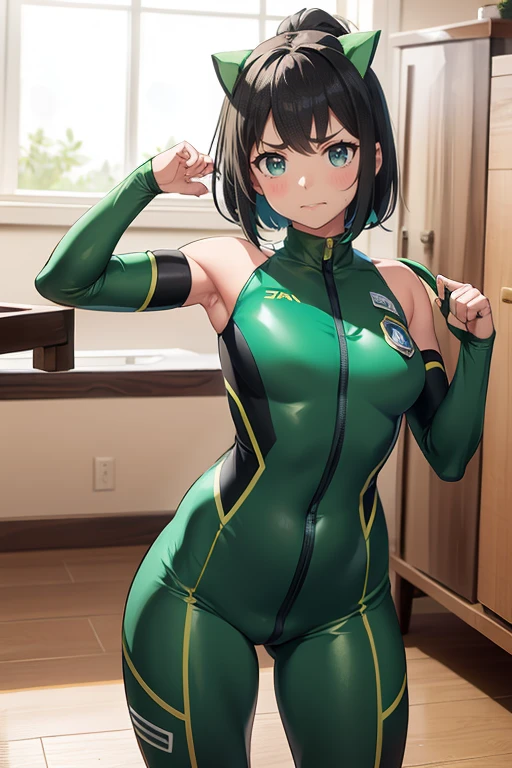 Super Sentai, Sentai Heroine, Green heroine, , Or a weak girl, A dark-haired, Twin-tailed, 小柄, Green combat suit, Downward eyebrows, A look of shame