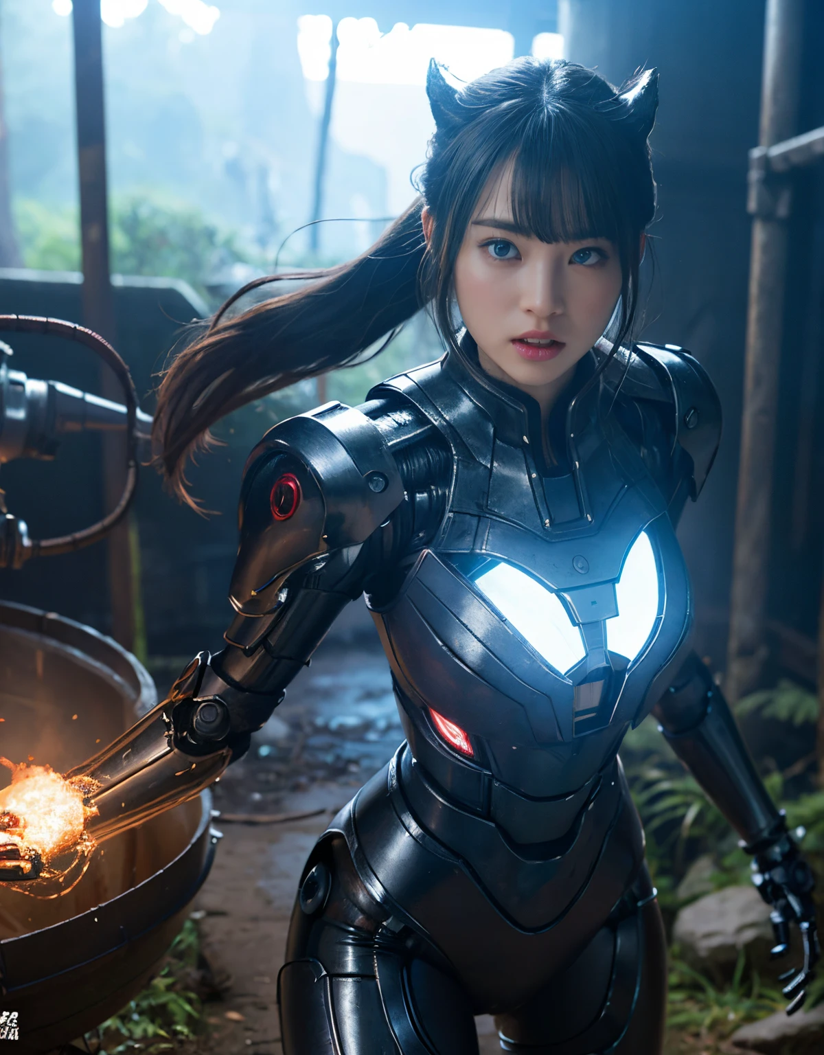 (1 Mechanical Girl)、（Mystical expression）、top-quality、​masterpiece、超A high resolution、(Photorealsitic:1.4)、Raw photo、女の子1人、Fight mutants、glowy skin、(((1 Mechanical Girl)))、（Red Metal Bodysuit）、(Fight goblings、ogre、Fierce battle with orcs),（Fight fiercely against aliens）、Fight fiercely、(beautiful forest background)、(Fighting Demonic Beasts)、(Small LED)、((super realistic details))、portlate、(Strong giant demon beast background),globalillumination、Shadow、octan render、8K、ultrasharp、Colossal tits、Raw skin is exposed in cleavage、red metal、Details of complex ornaments、Japan details、highly intricate detail、Realistic light、(Mystical expression),CGSoation Trends、Blue eyes、radiant eyes、Facing the camera、neon details、(Mechanical limbs)、(blood vessels connected to tubes)、(Wires and cables connecting to the head)、Small LED、,Mechanical thighs、Toostock、（Hands are also made of machines）、（Precipitous cliffs、fortress）、机器人、