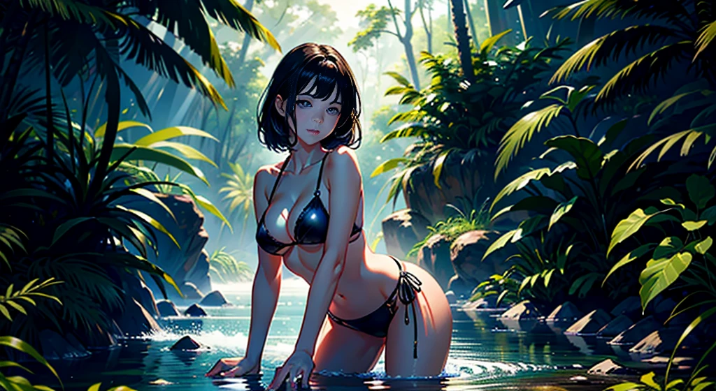 top-quality、​masterpiece、超A high resolution、(Photorealsitic:1.4)、Raw photo、1girl in、((Detailed depiction of a beautiful face))、A dark-haired、dramatic  lighting、full body Esbian、The bikini、in jungle