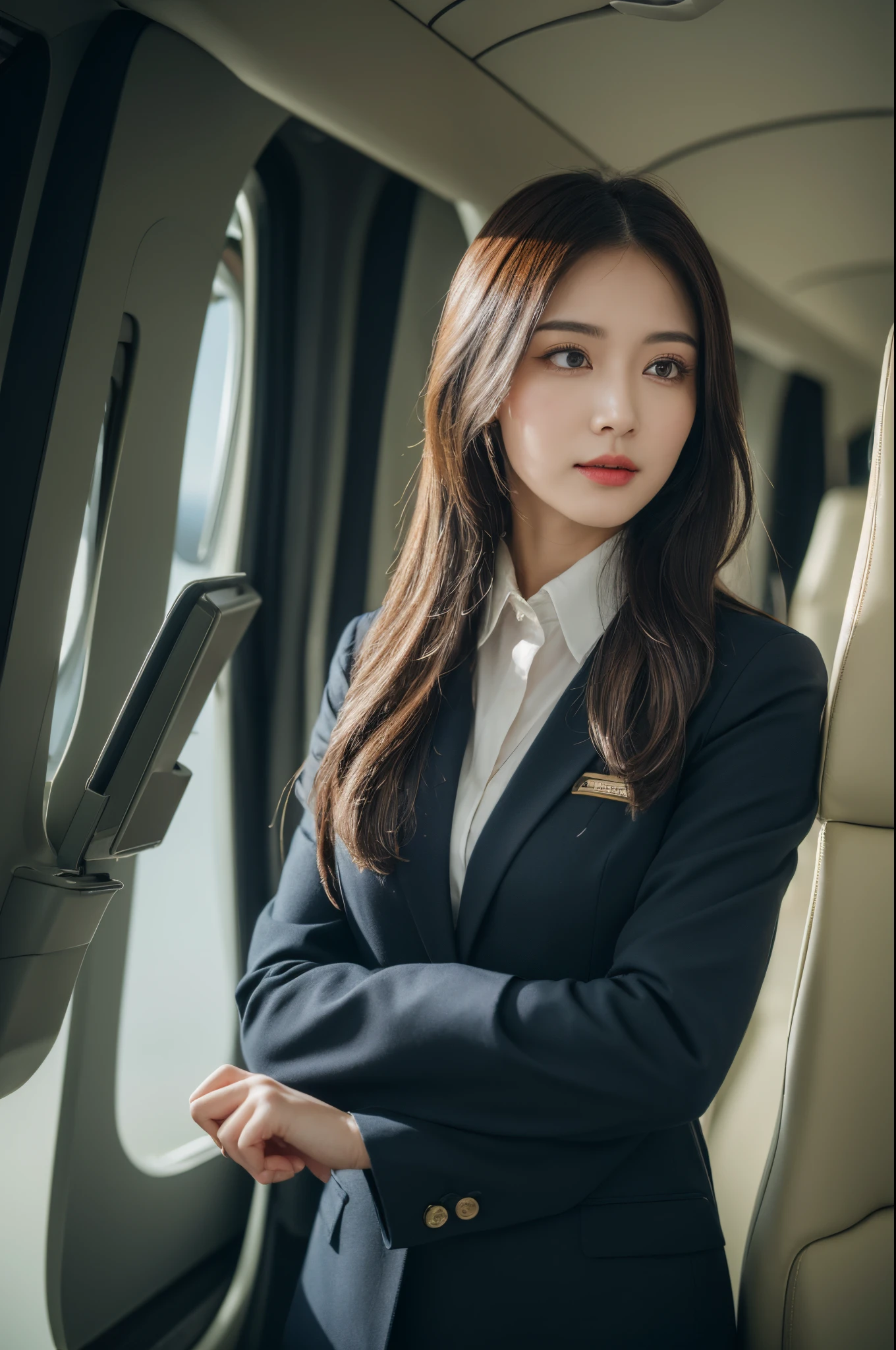best quality, masterpiece, 8k, ultra high res, (photorealistic:1.4), highly detailed, intricate detail, delicate and beautiful, good lighting, professional lighting, sharp focus, detailed shadows, exquisite details and textures, depth of field, unity 8k wallpaper, cinematic composition, cinematic lighting, official art, Cabin Crew, flight attendant, black pantyhose, (aircraft, (Aircraft Corridor), Aircraft seats) beautiful elegant face, detailed face, detailed eyes, realistic hair, long hair, (1girl), (standing:1.3),