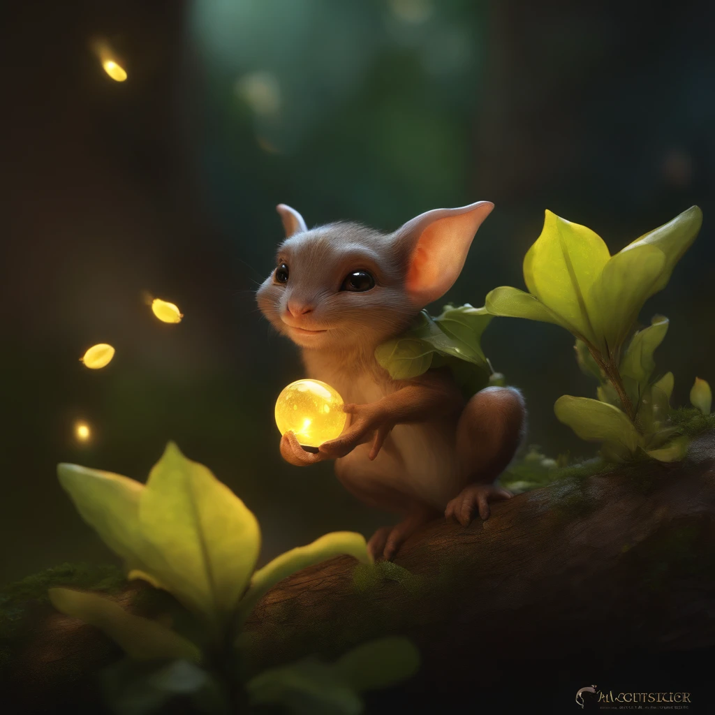 In the cave,Little male goblins, 真实感, Realism, Close up of cute tiny fireflies around a huge oak tree, Flowers, buds glow, illuminate the bush, a detailed painting, cgsociety, Detailed painting, artstation hd, high detail, cgsociety, photo realism, Concept art, artstation hd, official arts, bokeh ,(CBZBB:1.25),