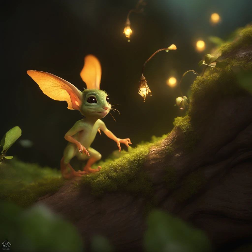 In the cave,Little male goblins, 真实感, Realism, Close up of cute tiny fireflies around a huge oak tree, Flowers, buds glow, illuminate the bush, a detailed painting, cgsociety, Detailed painting, artstation hd, high detail, cgsociety, photo realism, Concept art, artstation hd, official arts, bokeh ,(CBZBB:1.25),